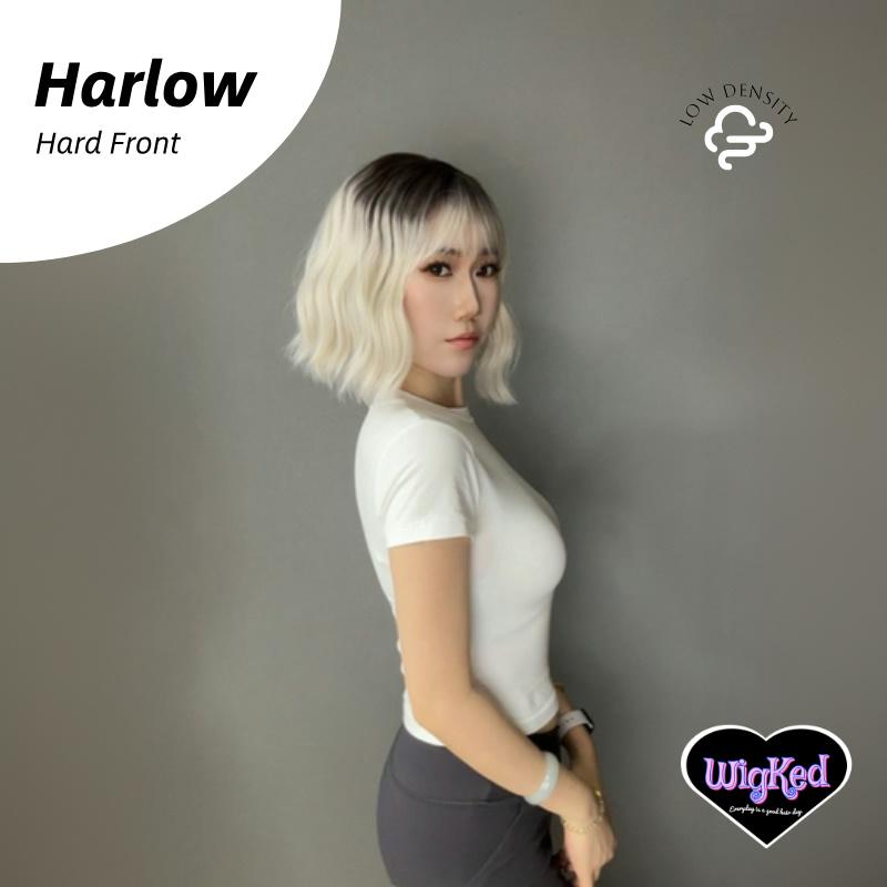 【Harlow】12 Inch Oyster Blonde Balayage Curly Long Bob Synthetic HairWigs, With Bangs and Dark Roots, for Daily, Party or Cosplay Use, Adjustable&Glueluess, USA Stocked