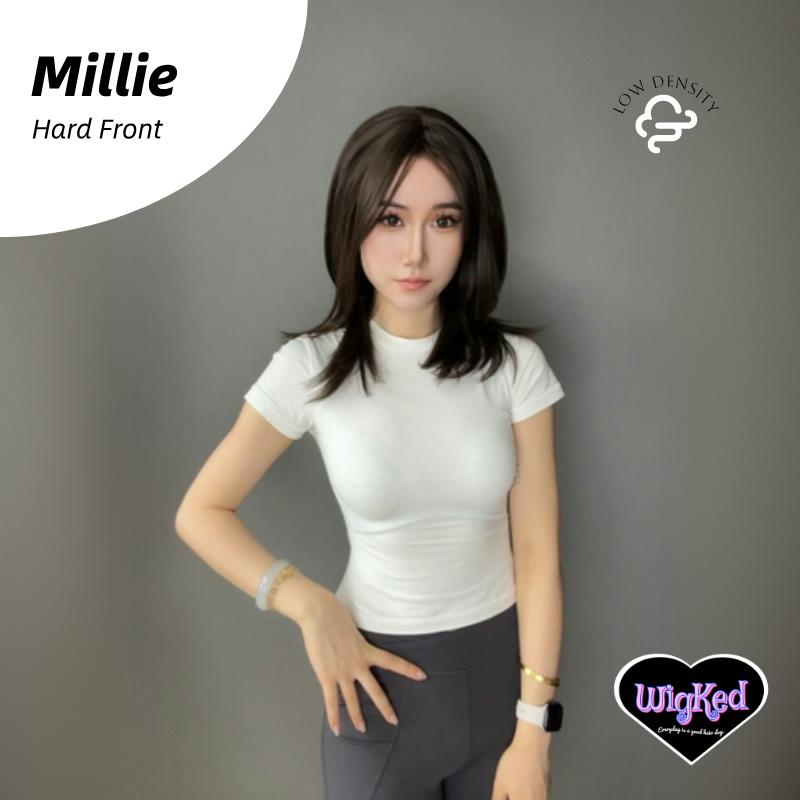【Millie】16 Inch Blacktea Color Wolfcut Straight Synthetic HairWigs, With Curtain Bangs, for Daily, Party or Cosplay Use, Adjustable&Glueluess, USA Stocked