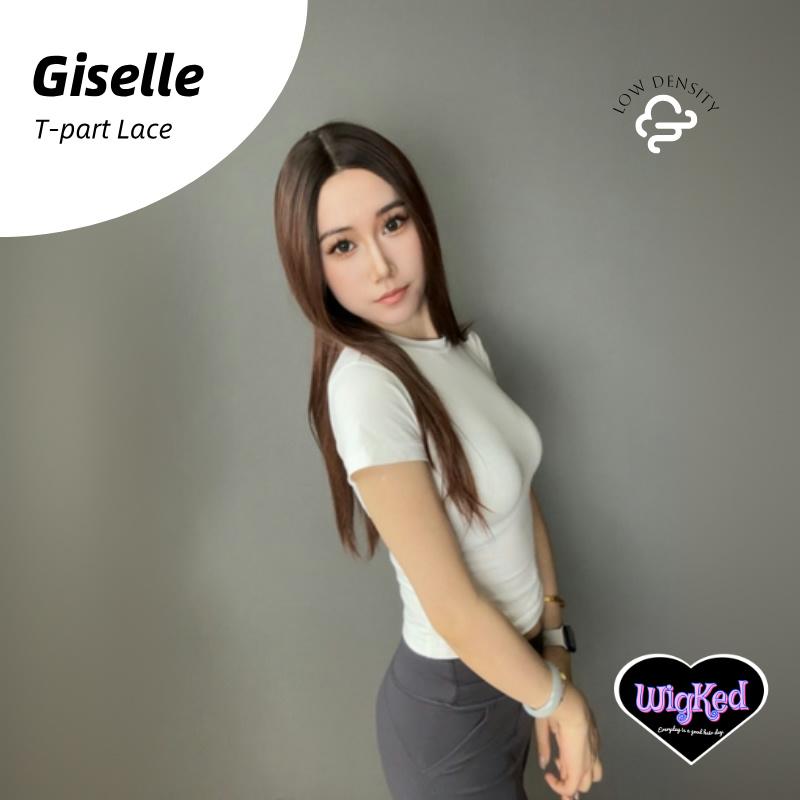 【Giselle】28 Inch Low Density T-Part Lace Front Copper Brown Straight Layered Wig, Transparent Lace T-Part Frontal Handmade Lace Synthetic Fiber Wig,  Low Density, With Dark Roots, Adjustable&Glueluess, USA Stocked