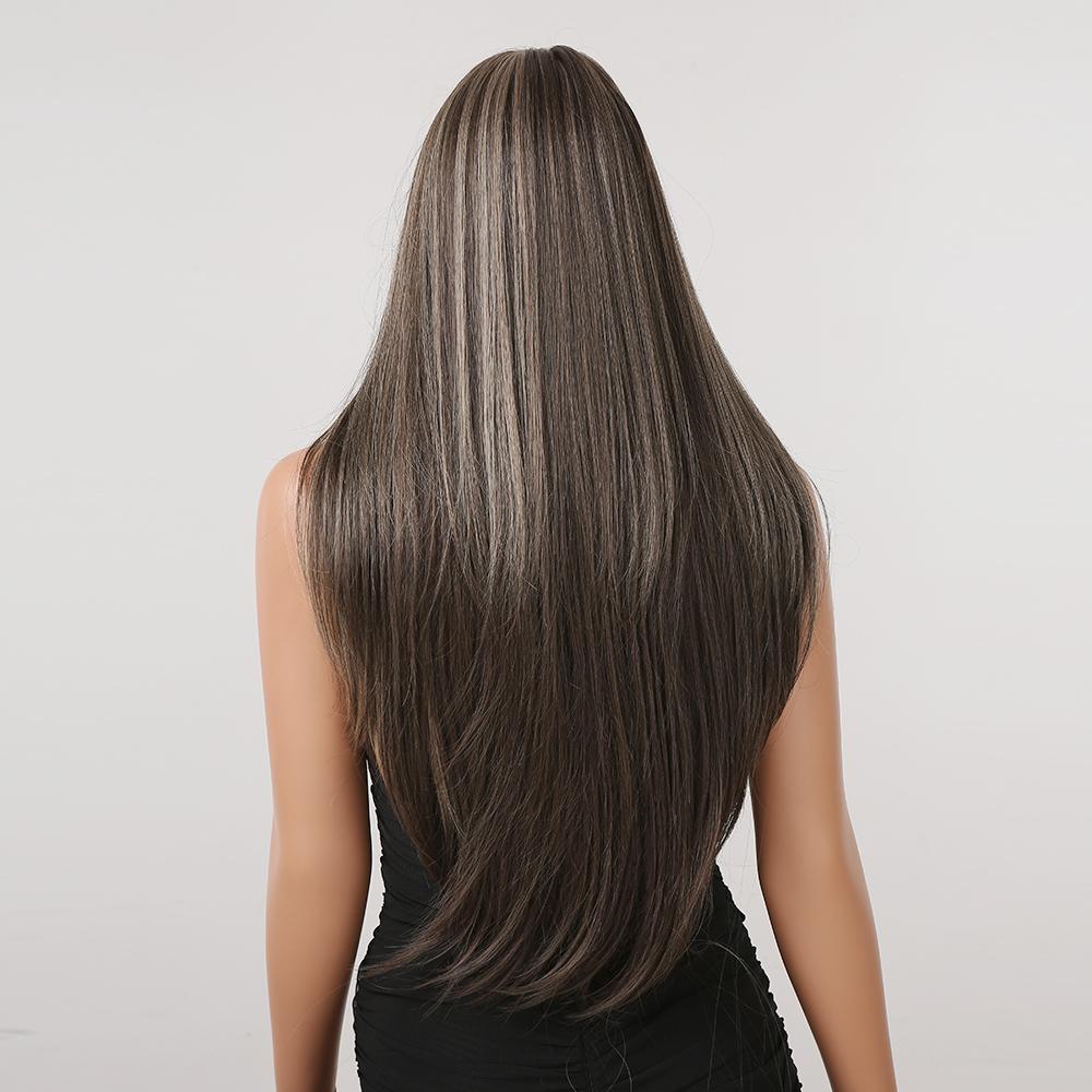 【Pepper】26 Inch Salt and Pepper Straight Style Long Synthetic HairWigs, With Curtain Bangs, for Daily, Party or Cosplay Use, Adjustable&Glueluess, USA Stocked