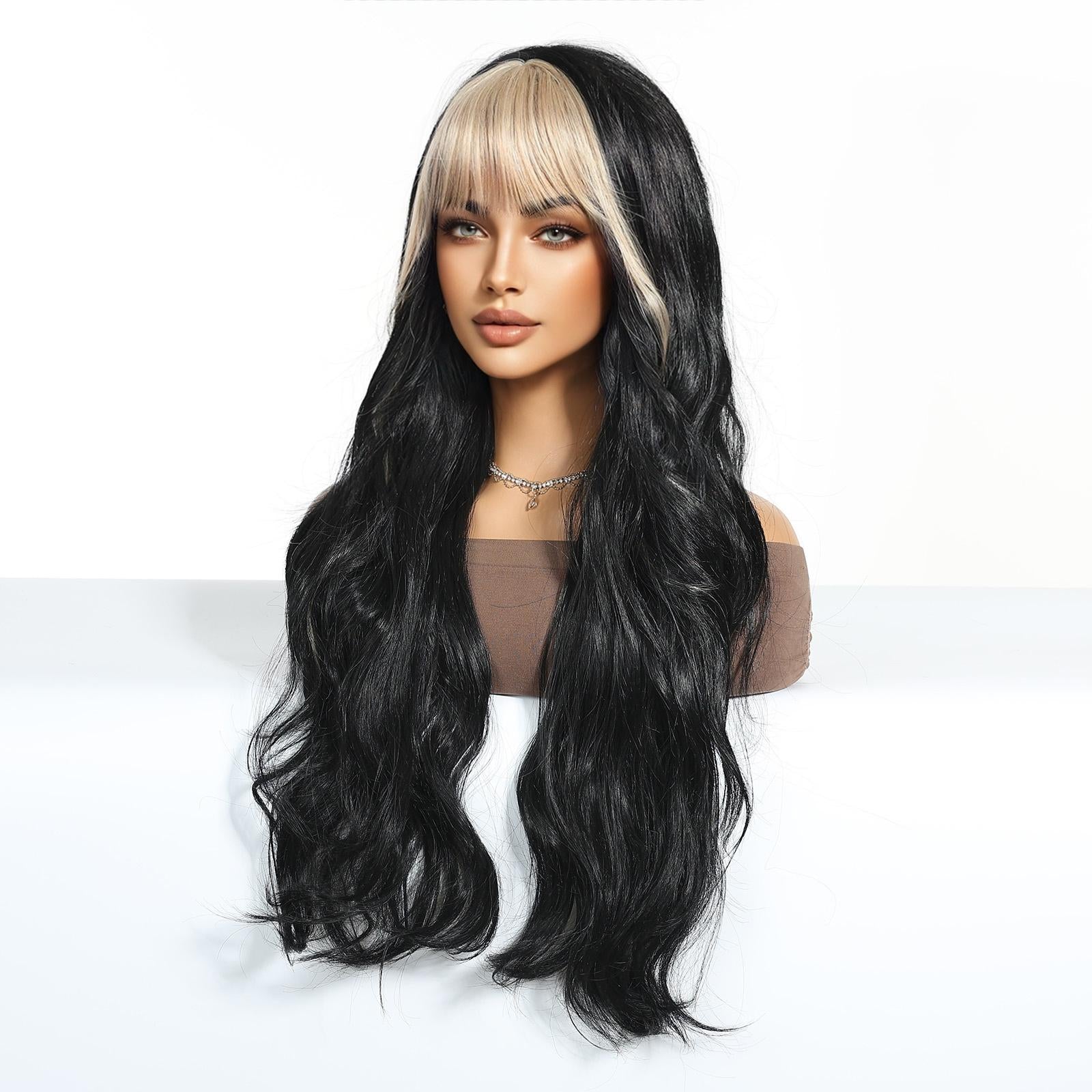 【Ashton】28 Inch Jet Black Long Curly Synthetic HairWigs, With Blonde Bangs, for Daily, Party or Cosplay Use, Adjustable&Glueluess, USA Stocked
