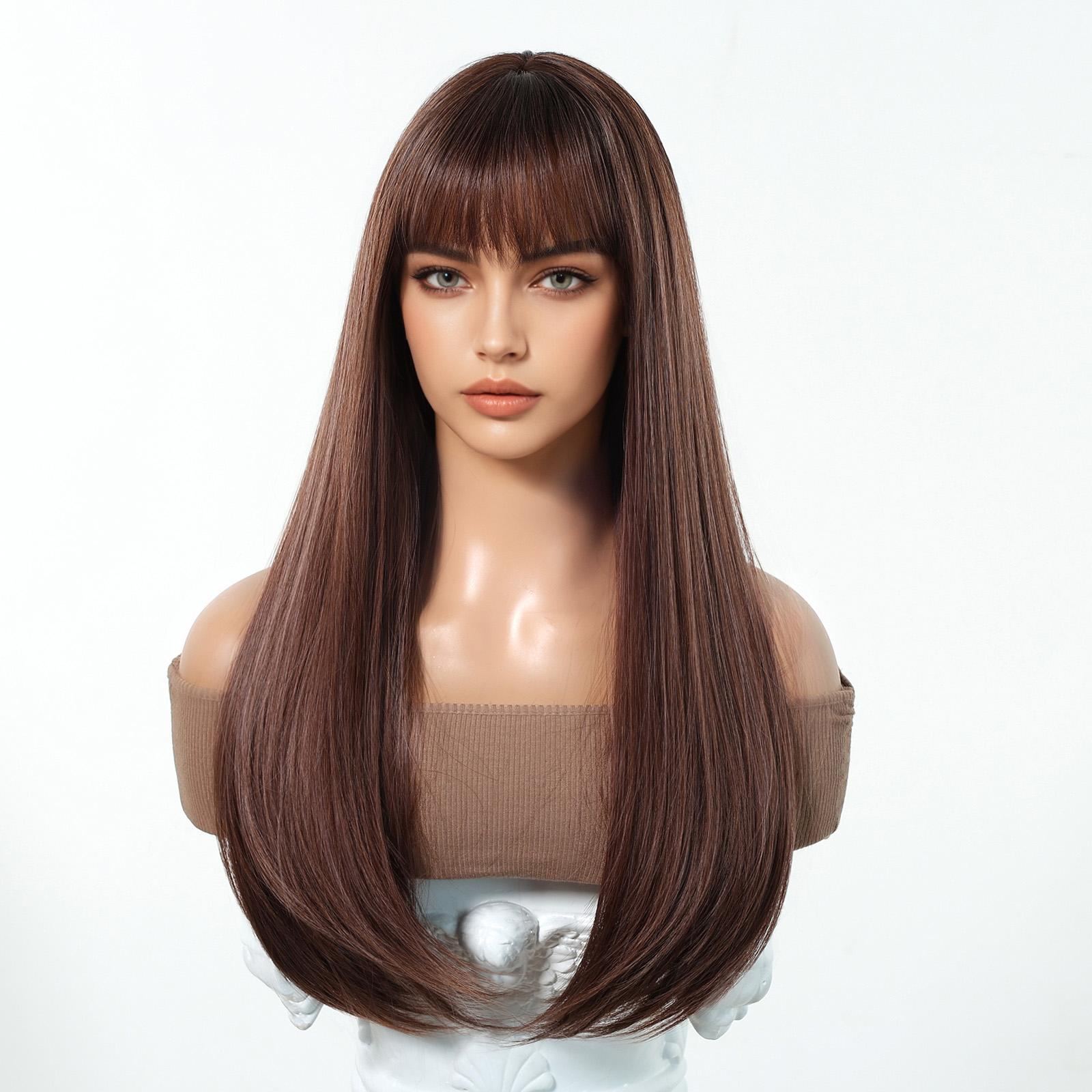 【Josie】24 Inch Bronze Brown Straight Style Long Synthetic HairWigs, With Bangs, for Daily, Party or Cosplay Use, Adjustable&Glueluess, USA Stocked