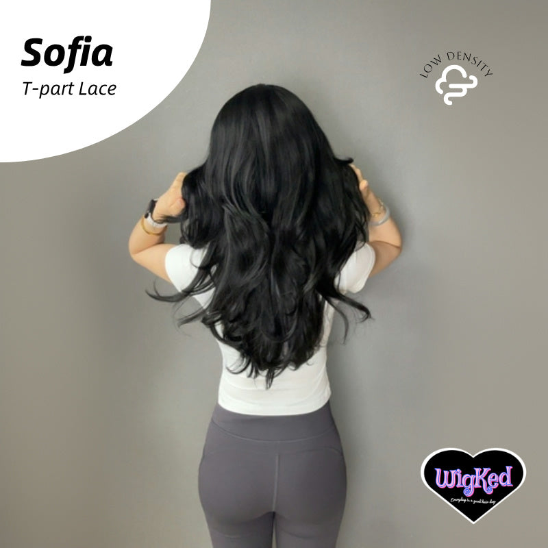 【Sofia】26 Inch Yaki Texture Low Density Jet Black Body Wave T-Part Lace Front Wig, Transparent Lace T-Part Frontal Handmade Lace Synthetic Fiber Wig, With Dark Roots, Adjustable&Glueluess, USA Stocked