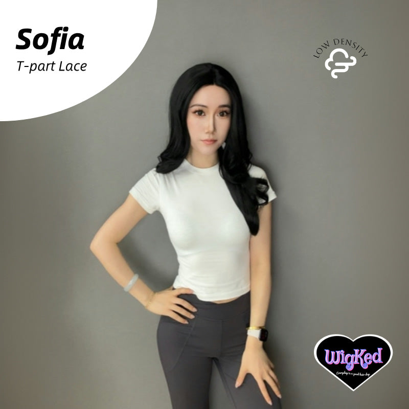 【Sofia】26 Inch Yaki Texture Low Density Jet Black Body Wave T-Part Lace Front Wig, Transparent Lace T-Part Frontal Handmade Lace Synthetic Fiber Wig, With Dark Roots, Adjustable&Glueluess, USA Stocked
