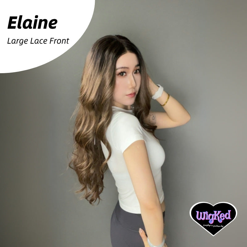 【Elaine】28 Inch 13*6 Lace Front Ombre Expresso Brunette Body Wave Lace Front Wig, Low Density, Free Part Pre Plucked 13*6 HD Transparent Lace Frontal Handmade Swiss Lace Synthetic Fiber Wig, With Dark Roots, Adjustable&Glueluess, USA Stocked