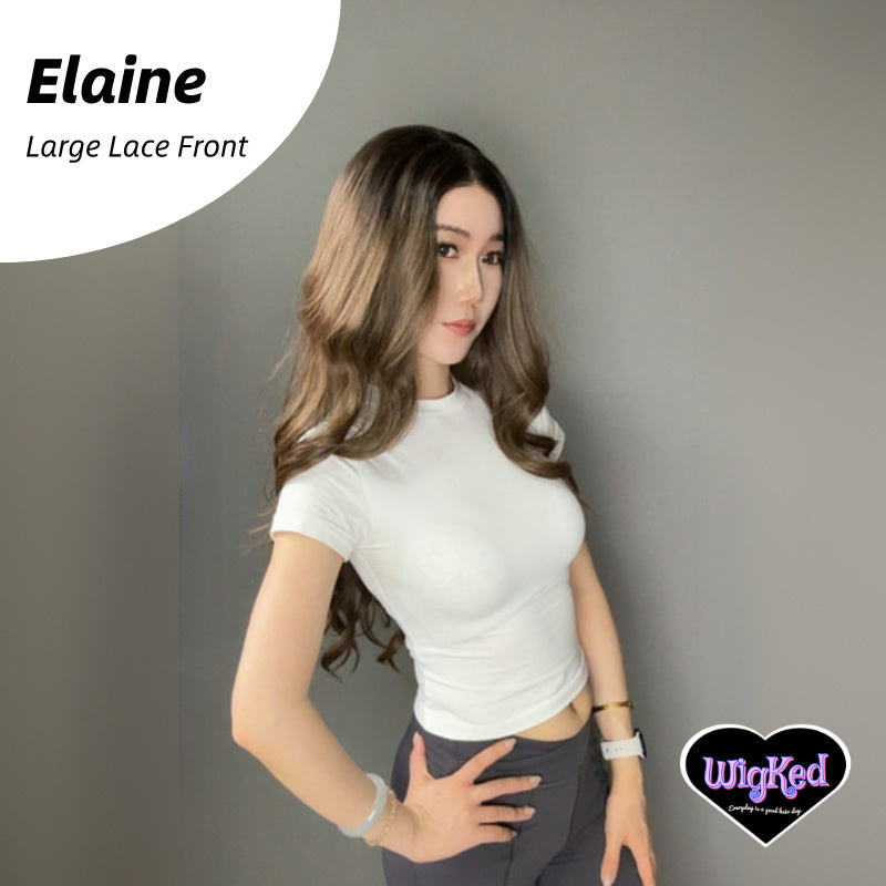 【Elaine】28 Inch 13*6 Lace Front Ombre Expresso Brunette Body Wave Lace Front Wig, Low Density, Free Part Pre Plucked 13*6 HD Transparent Lace Frontal Handmade Swiss Lace Synthetic Fiber Wig, With Dark Roots, Adjustable&Glueluess, USA Stocked