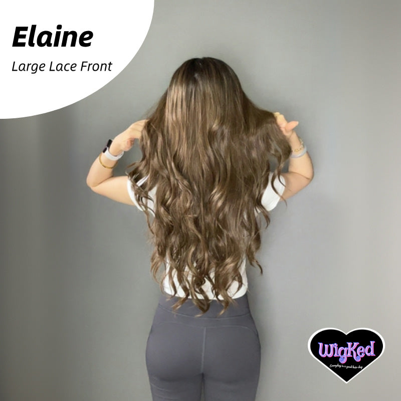 【Elaine】28 Inch 13*6 Lace Front Ombre Expresso Brunette Body Wave Lace Front Wig, Low Density, Free Part Pre Plucked 13*6 HD Transparent Lace Frontal Handmade Swiss Lace Synthetic Fiber Wig, With Dark Roots, Adjustable&Glueluess, USA Stocked