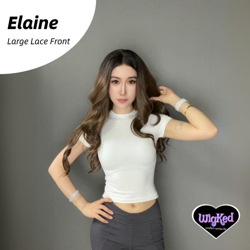 【Elaine】28 Inch 13*6 Lace Front Ombre Expresso Brunette Body Wave Lace Front Wig, Low Density, Free Part Pre Plucked 13*6 HD Transparent Lace Frontal Handmade Swiss Lace Synthetic Fiber Wig, With Dark Roots, Adjustable&Glueluess, USA Stocked