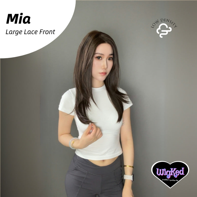 【Mia】24 Inch 13*6 Lace Front  Low Density Chocolate Brown Straight Layered Lace Front Wig, Free Part Pre Plucked 13*6 HD Transparent Lace Frontal Handmade Swiss Lace Synthetic Fiber Wig, With Dark Roots, Adjustable&Glueluess, USA Stocked