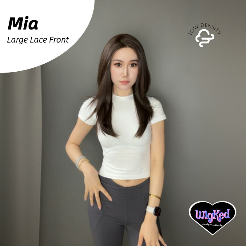 【Mia】24 Inch 13*6 Lace Front  Low Density Chocolate Brown Straight Layered Lace Front Wig, Free Part Pre Plucked 13*6 HD Transparent Lace Frontal Handmade Swiss Lace Synthetic Fiber Wig, With Dark Roots, Adjustable&Glueluess, USA Stocked
