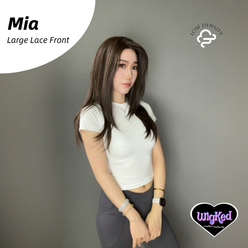 【Mia】24 Inch 13*6 Lace Front  Low Density Chocolate Brown Straight Layered Lace Front Wig, Free Part Pre Plucked 13*6 HD Transparent Lace Frontal Handmade Swiss Lace Synthetic Fiber Wig, With Dark Roots, Adjustable&Glueluess, USA Stocked