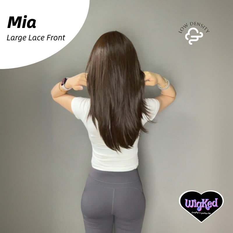 【Mia】24 Inch 13*6 Lace Front  Low Density Chocolate Brown Straight Layered Lace Front Wig, Free Part Pre Plucked 13*6 HD Transparent Lace Frontal Handmade Swiss Lace Synthetic Fiber Wig, With Dark Roots, Adjustable&Glueluess, USA Stocked