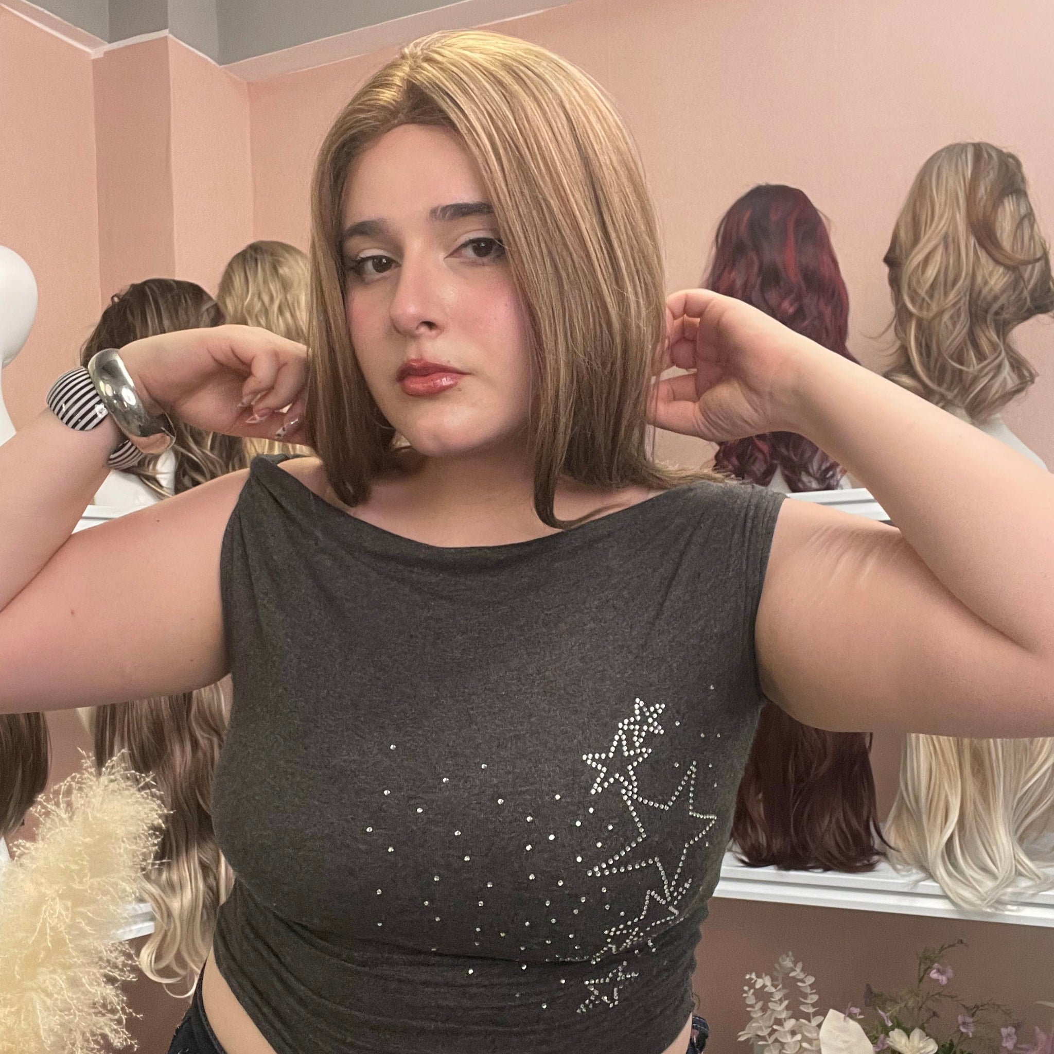 Stephie-Wigked Mono-Lite 18 Inches Cool Tone Mixed Dirty Blonde, Long Body Wave, Free Part with Average Cap Size