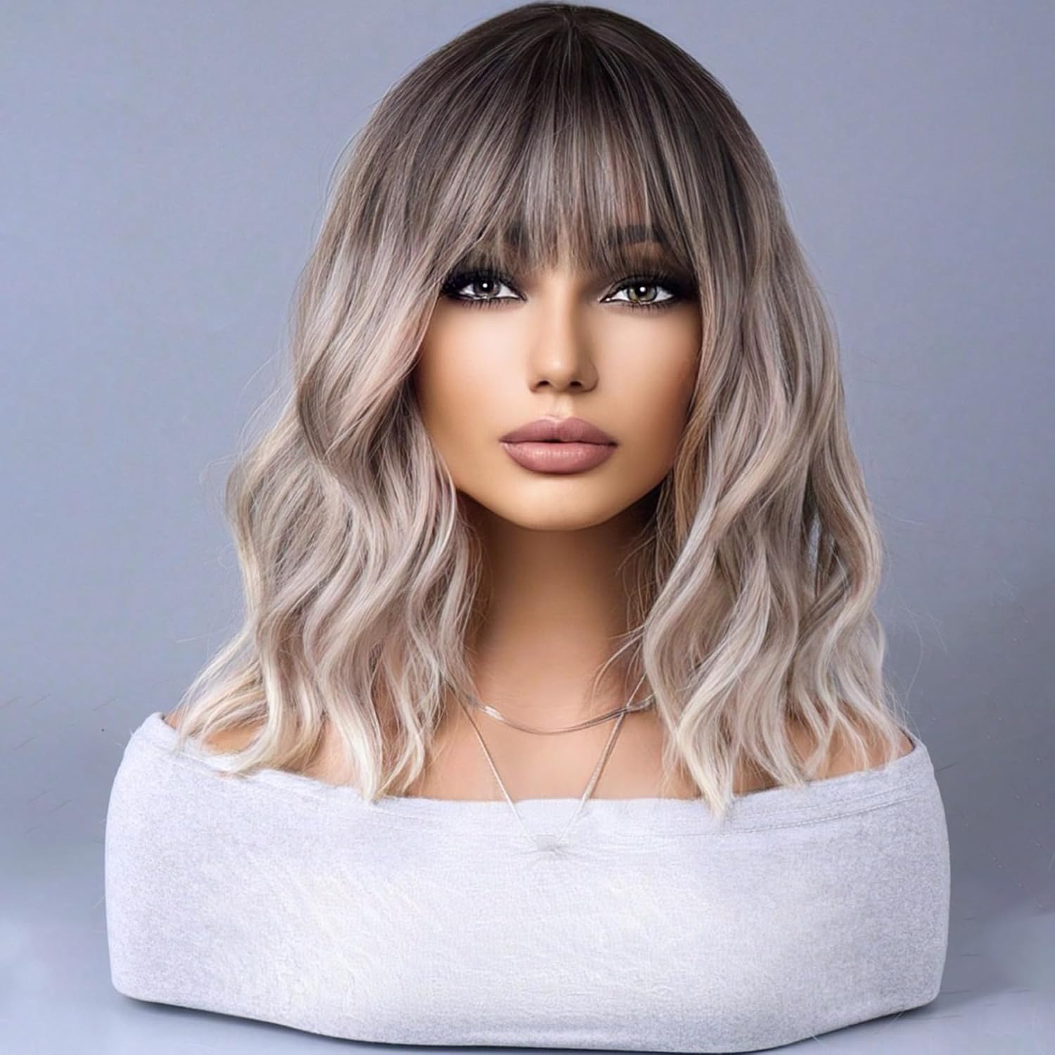 【Blanche】14 Inch Ash Blonde Balayage Curly Long Bob Synthetic HairWigs, With Bangs and Dark Roots, for Daily, Party or Cosplay Use, Adjustable&Glueluess, USA Stocked