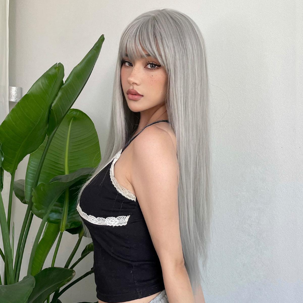 【Astird】22 Inch Silver Gray Straight Synthetic HairWigs, With Bangs, for Daily, Party or Cosplay Use, Adjustable&Glueluess, USA Stocked