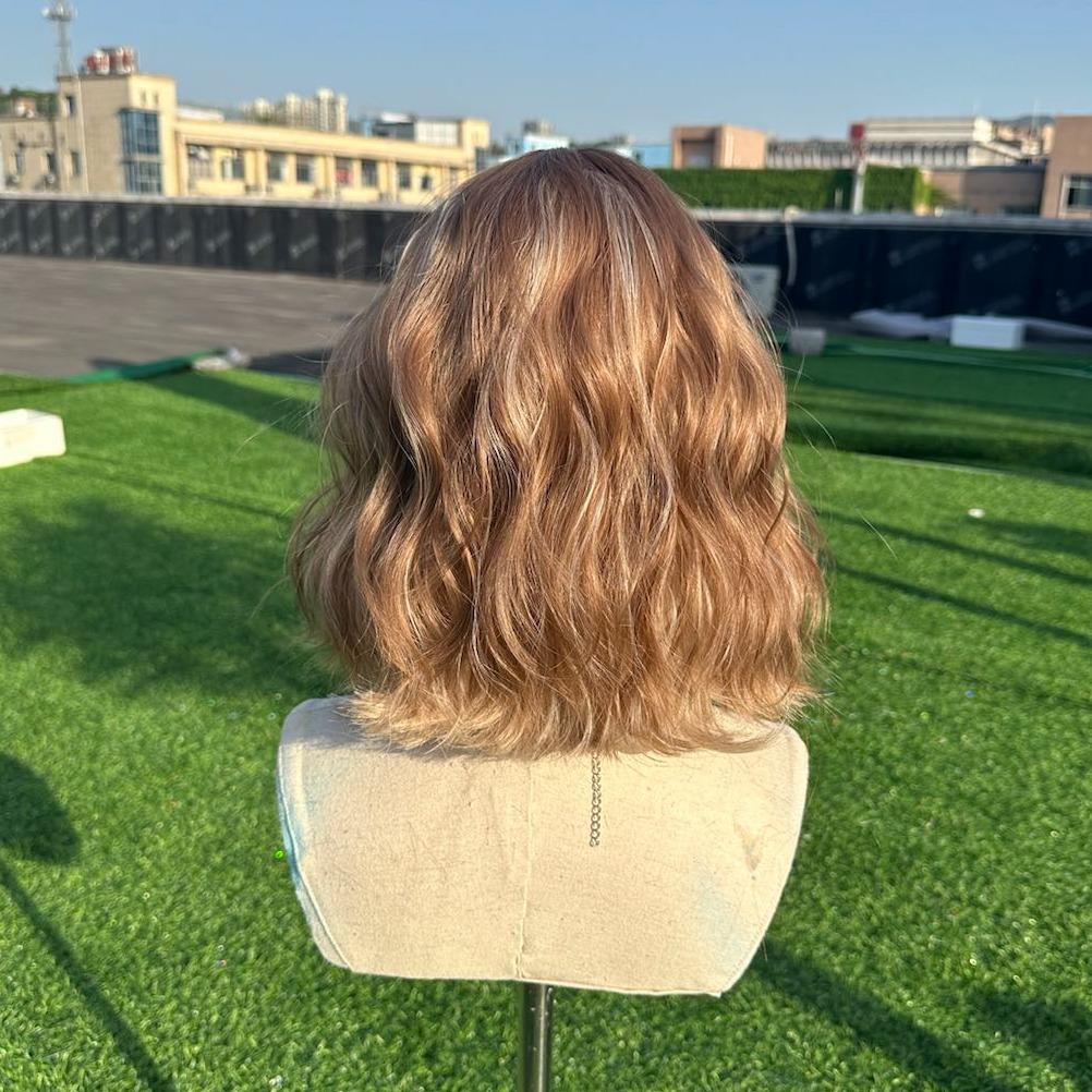 Riley-Wigked Nano Lace 14 Inches Low Density Brown Sugar Brown with Vanilla Blonde Highlights, Water Wave Short Bob, Middle Part with Baby Hairs.