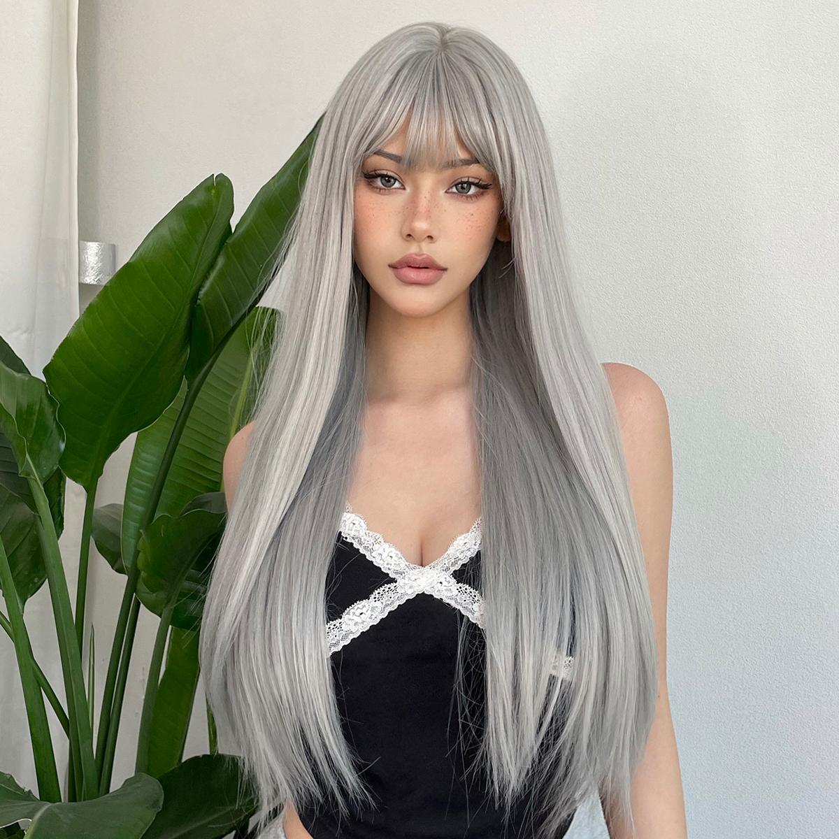 【Astird】22 Inch Silver Gray Straight Synthetic HairWigs, With Bangs, for Daily, Party or Cosplay Use, Adjustable&Glueluess, USA Stocked