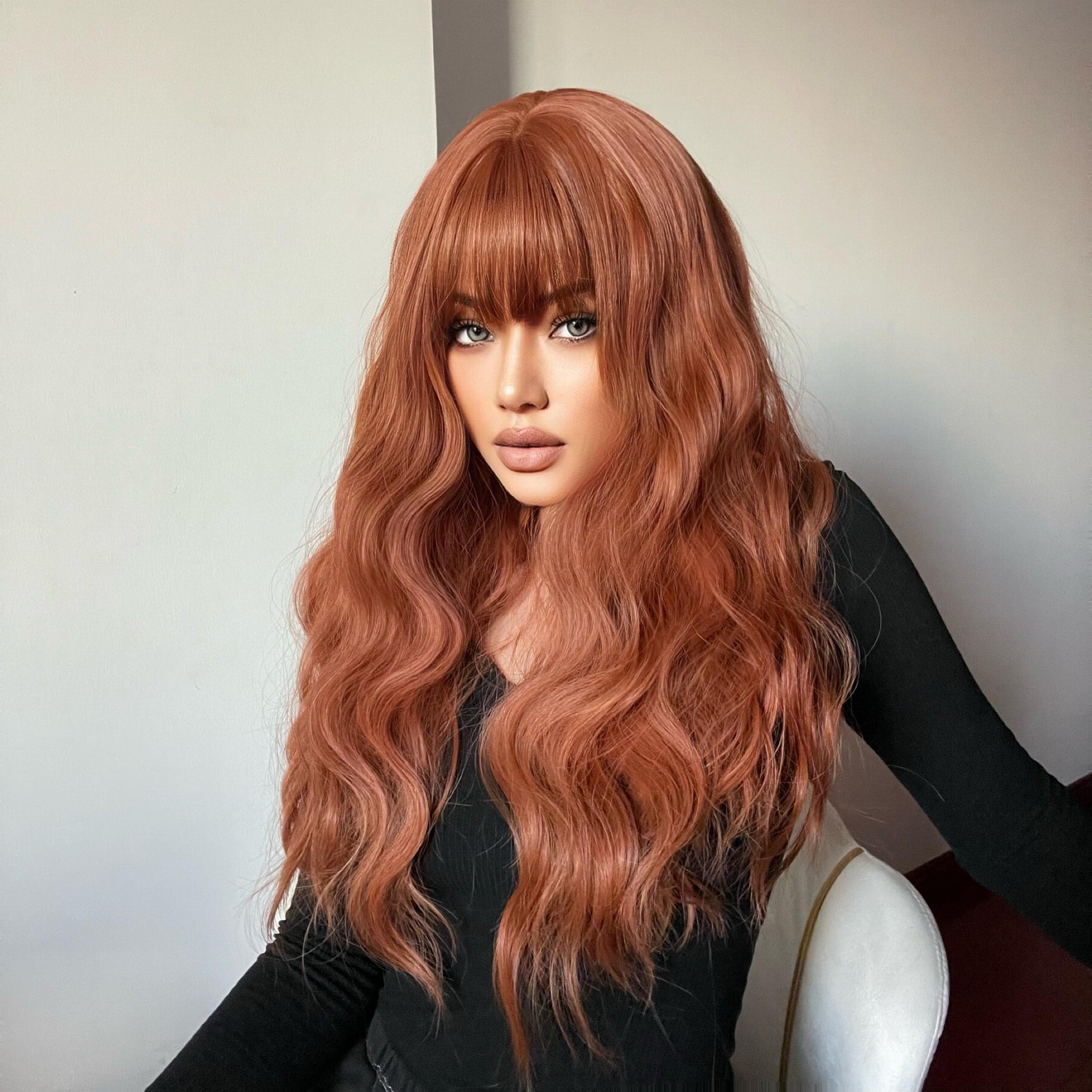 【Amber】26 Inch Copper Long Curly Synthetic HairWigs, With Bangs, for Daily, Party or Cosplay Use, Adjustable&Glueluess, USA Stocked