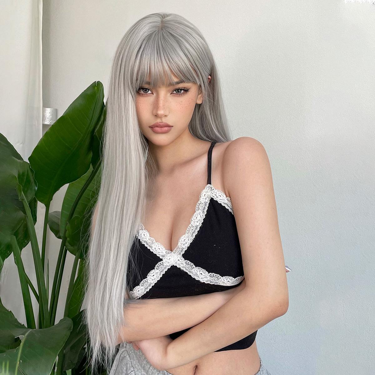 【Astird】22 Inch Silver Gray Straight Synthetic HairWigs, With Bangs, for Daily, Party or Cosplay Use, Adjustable&Glueluess, USA Stocked