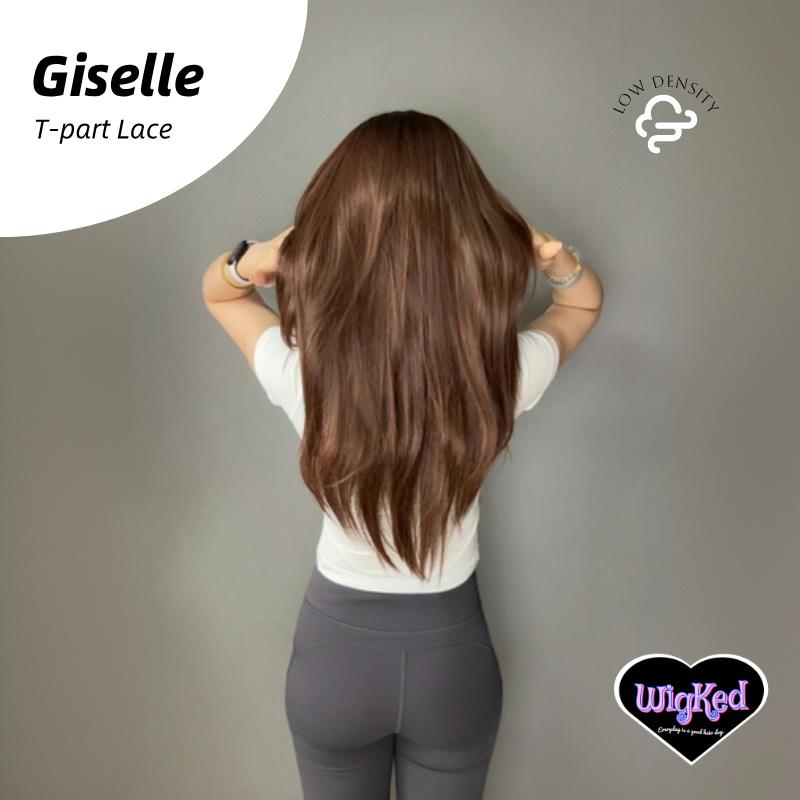 【Giselle】28 Inch Low Density T-Part Lace Front Copper Brown Straight Layered Wig, Transparent Lace T-Part Frontal Handmade Lace Synthetic Fiber Wig,  Low Density, With Dark Roots, Adjustable&Glueluess, USA Stocked