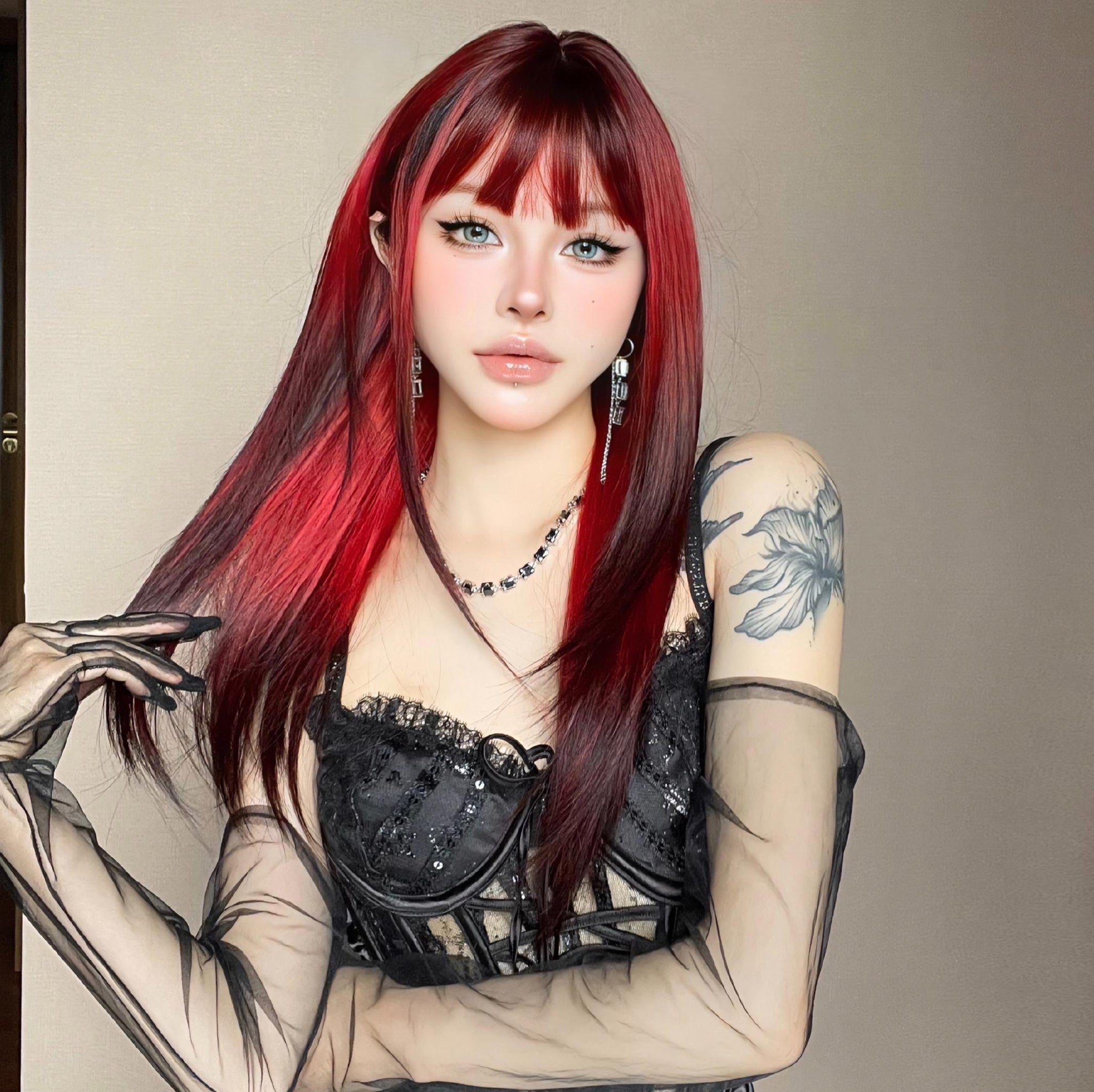 【Ada】22 Inch Reverse Ombre Red to Black Layered Medium Length Straight Synthetic HairWigs, With Straight Bangs and Dark Roots, for Daily, Party or Cosplay Use, Adjustable&Glueluess, USA Stocked