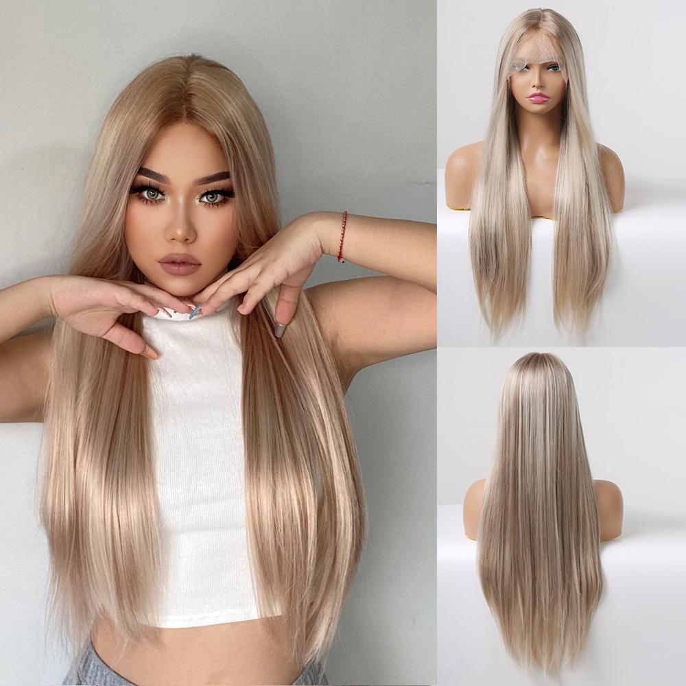 【Olivia】28 Inch Straight Lace Front Wig Apricot Blonde Free Part Pre Plucked 13*6 HD Transparent Lace Frontal Handmade Swiss Lace Synthetic Fiber Wig