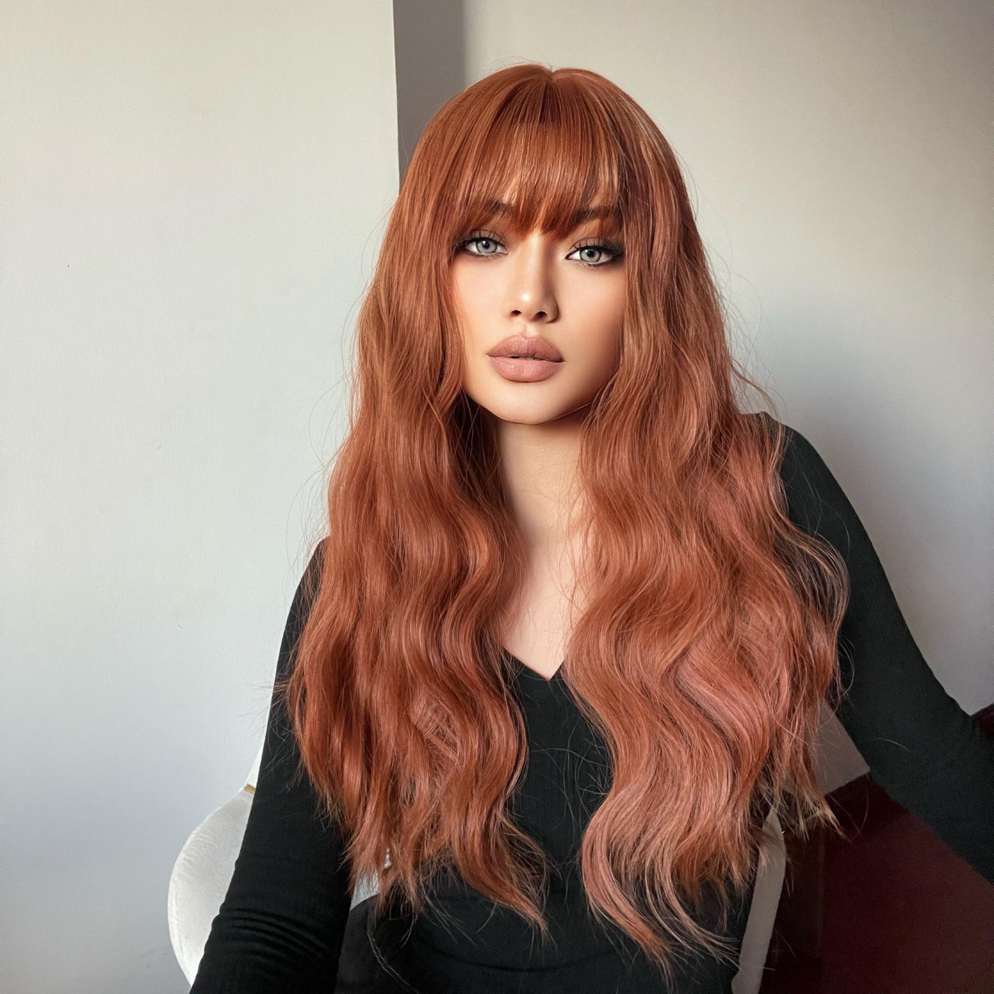 【Amber】26 Inch Copper Long Curly Synthetic HairWigs, With Bangs, for Daily, Party or Cosplay Use, Adjustable&Glueluess, USA Stocked