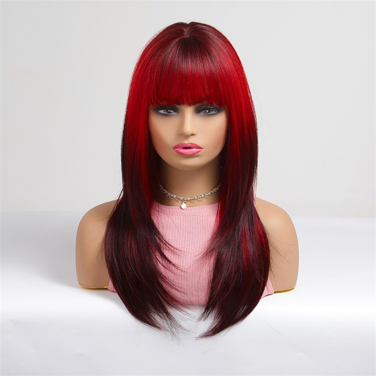 【Ada】22 Inch Reverse Ombre Red to Black Layered Medium Length Straight Synthetic HairWigs, With Straight Bangs and Dark Roots, for Daily, Party or Cosplay Use, Adjustable&Glueluess, USA Stocked