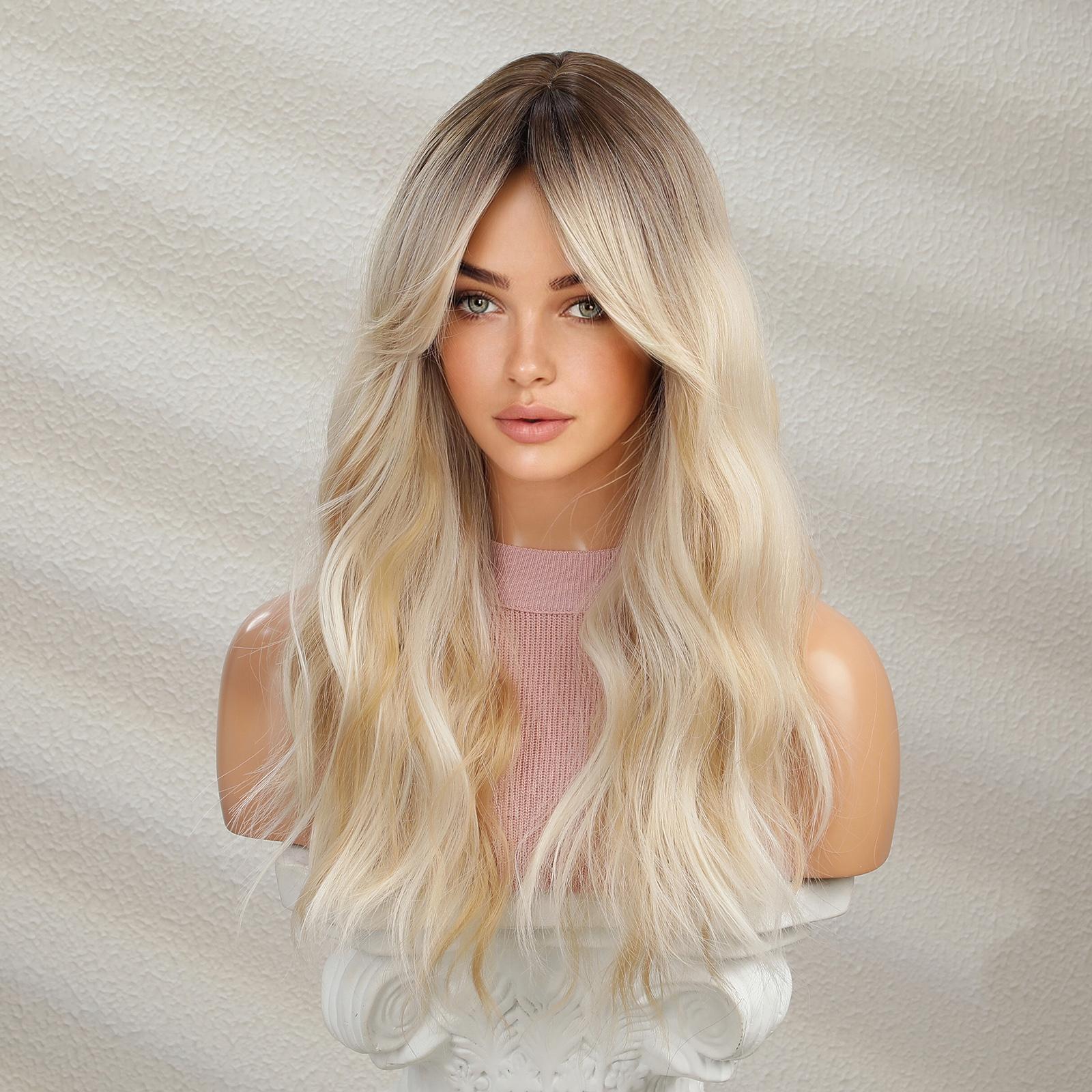 【Sydney】Champagne Blonde Long Curly Synthetic HairWigs, With Curtain Bangs and Dark Roots, for Daily, Party or Cosplay Use, Adjustable&Glueluess, USA Stocked