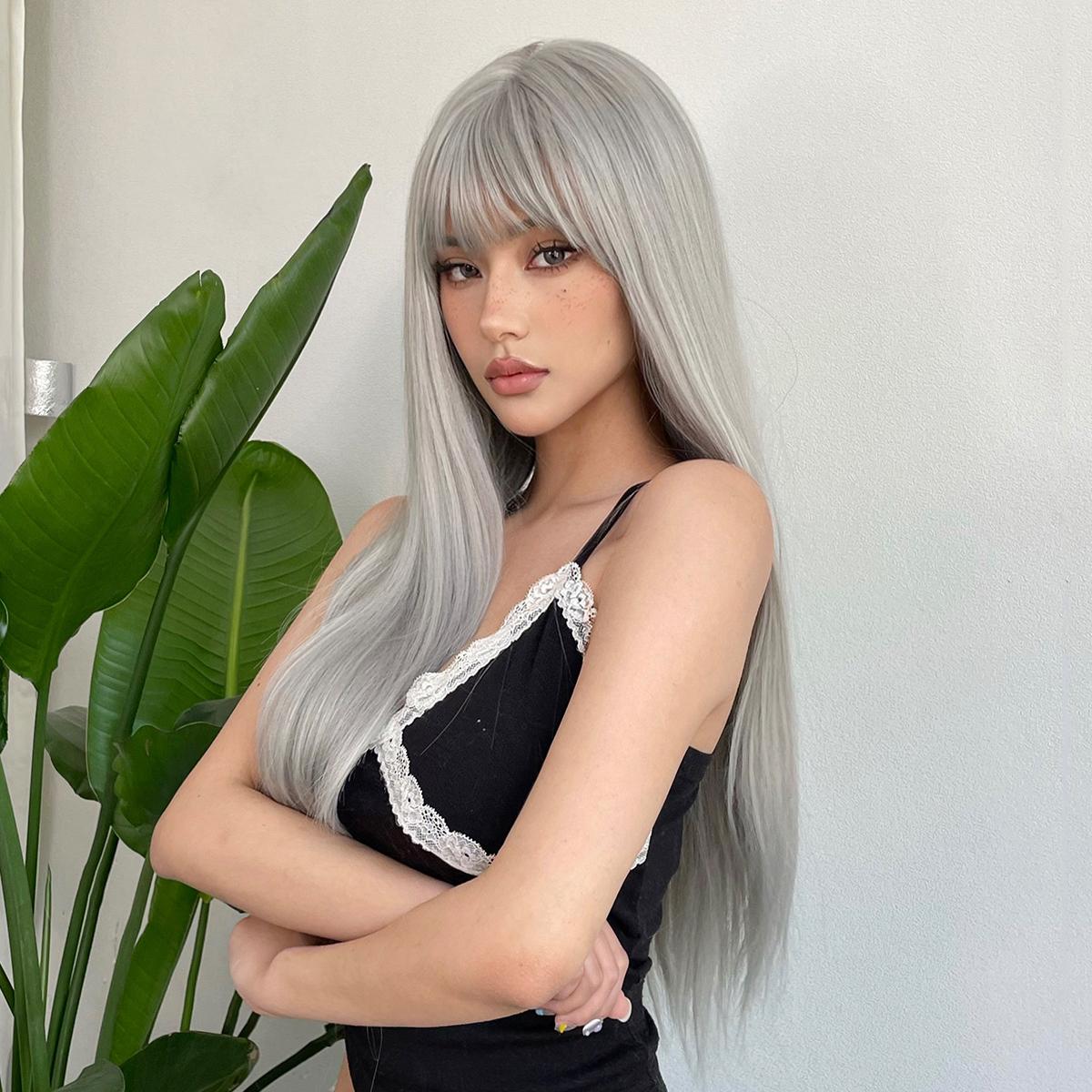 【Astird】22 Inch Silver Gray Straight Synthetic HairWigs, With Bangs, for Daily, Party or Cosplay Use, Adjustable&Glueluess, USA Stocked