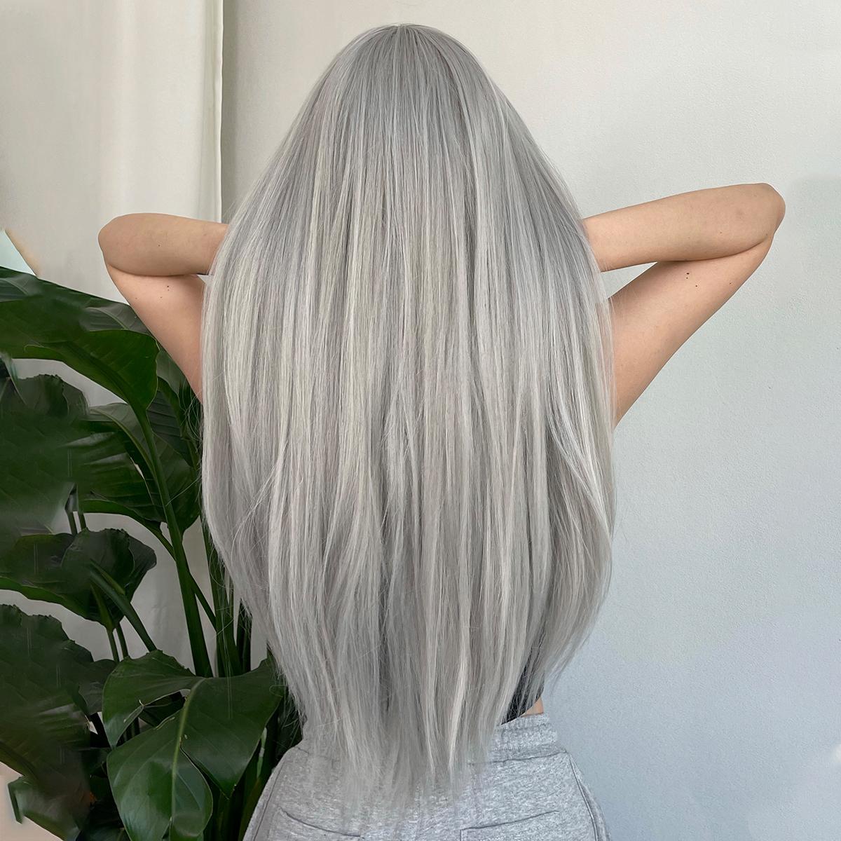 【Astird】22 Inch Silver Gray Straight Synthetic HairWigs, With Bangs, for Daily, Party or Cosplay Use, Adjustable&Glueluess, USA Stocked