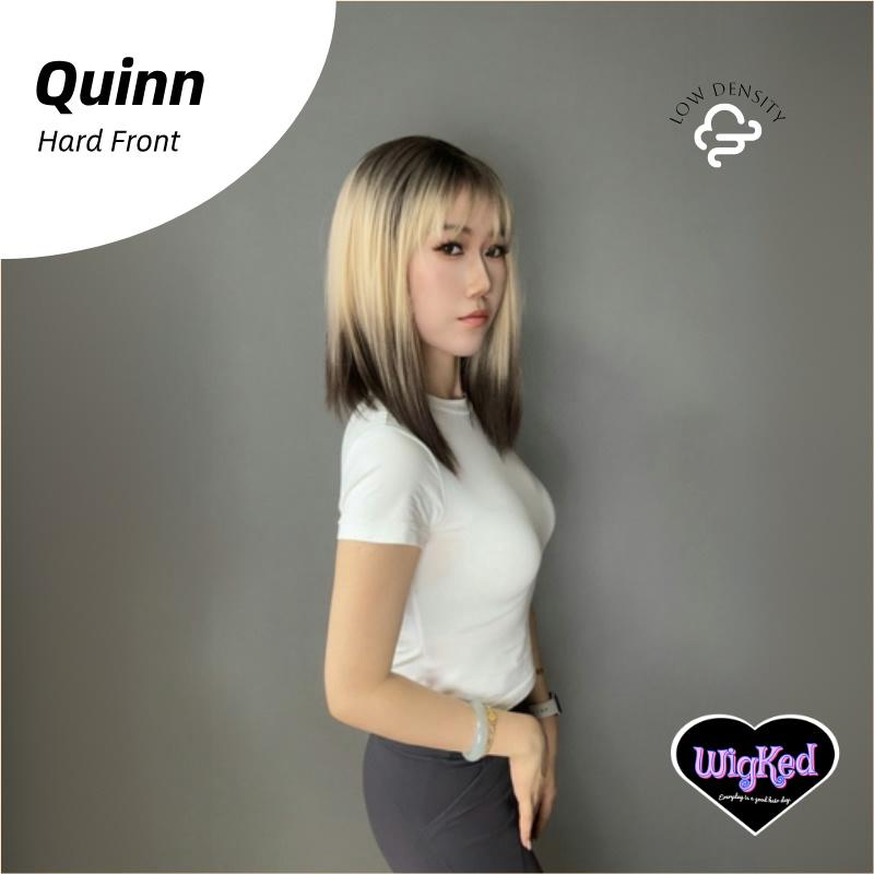 【Quinn】16 Inch Reverse Ombre Blonde to Black Shoulder Length Straight Synthetic HairWigs, With Straight Bangs and Dark Roots, for Daily, Party or Cosplay Use, Adjustable&Glueluess, USA Stocked