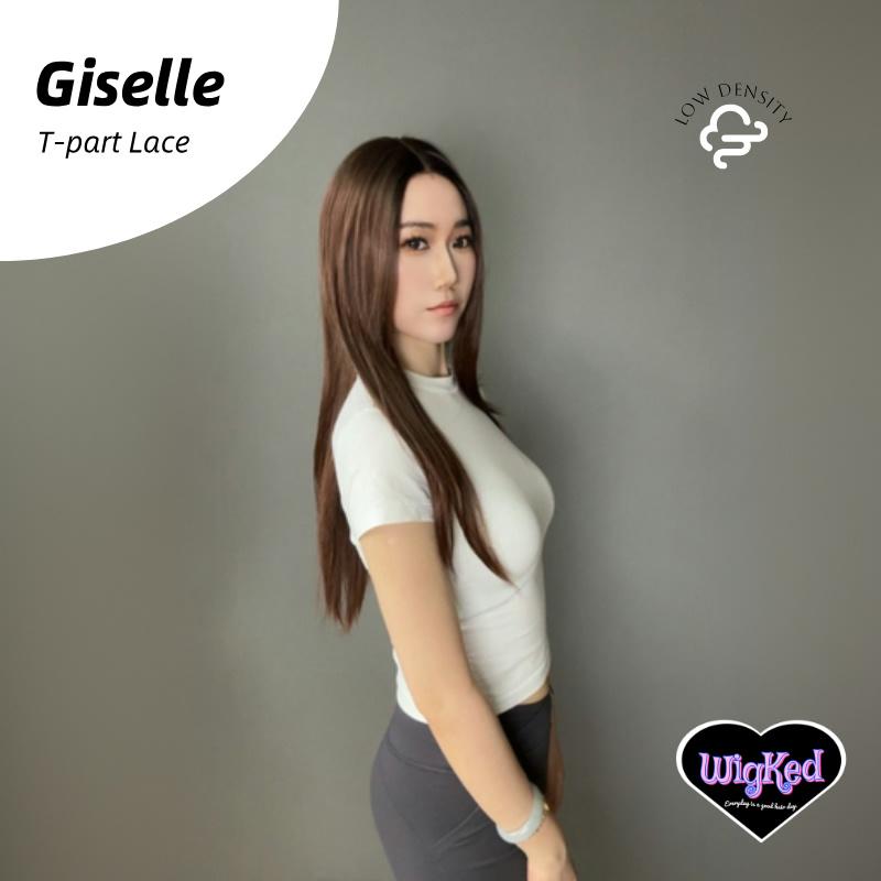 【Giselle】28 Inch Low Density T-Part Lace Front Copper Brown Straight Layered Wig, Transparent Lace T-Part Frontal Handmade Lace Synthetic Fiber Wig,  Low Density, With Dark Roots, Adjustable&Glueluess, USA Stocked