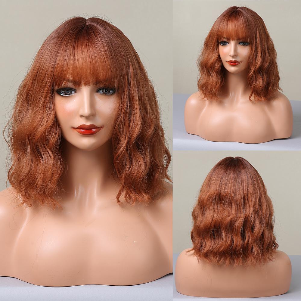【Sasha】14 Inch Cowboy Copper Curly Long Bob Synthetic HairWigs, With Bangs, for Daily, Party or Cosplay Use, Adjustable&Glueluess, USA Stocked