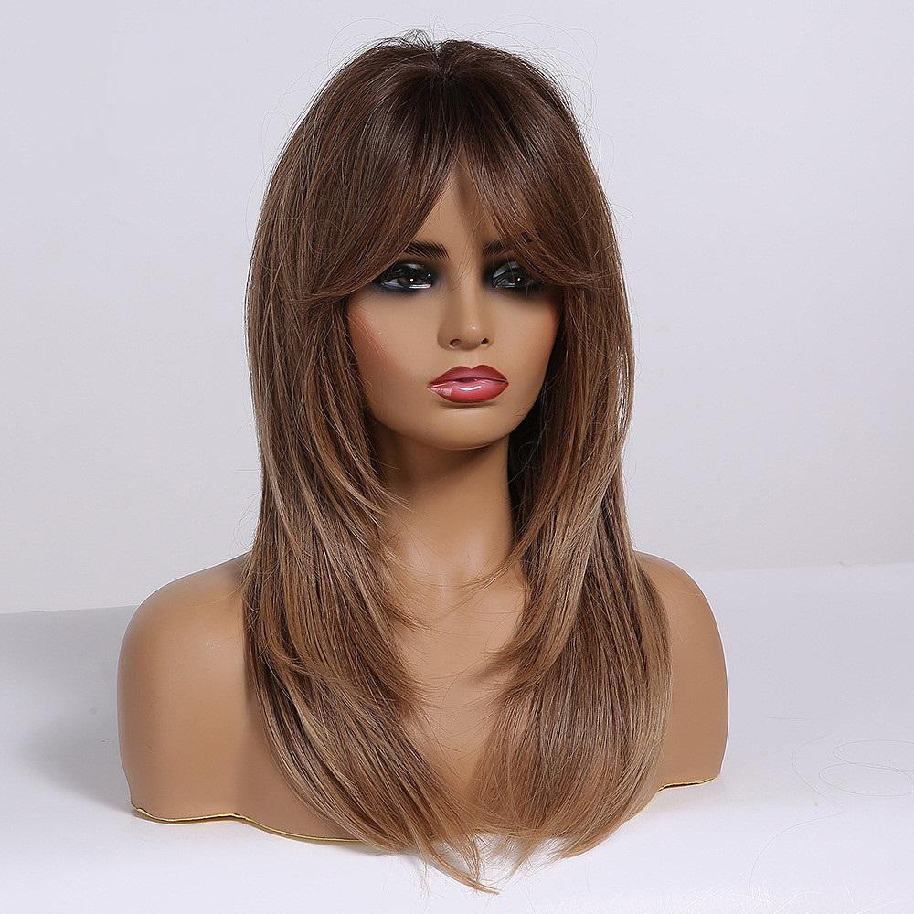 【Estrelle】18 Inch Caramel Brunette Straight Style Layered Long Synthetic HairWigs, With Curtain Bangs, for Daily, Party or Cosplay Use, Adjustable&Glueluess, USA Stocked