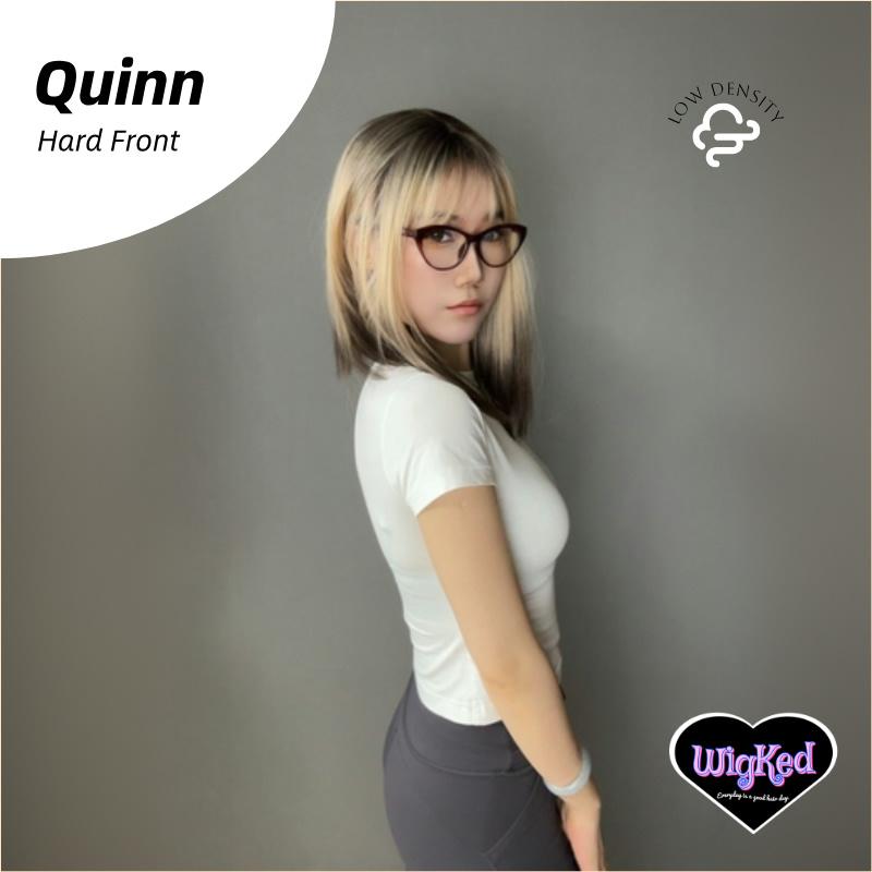 【Quinn】16 Inch Reverse Ombre Blonde to Black Shoulder Length Straight Synthetic HairWigs, With Straight Bangs and Dark Roots, for Daily, Party or Cosplay Use, Adjustable&Glueluess, USA Stocked