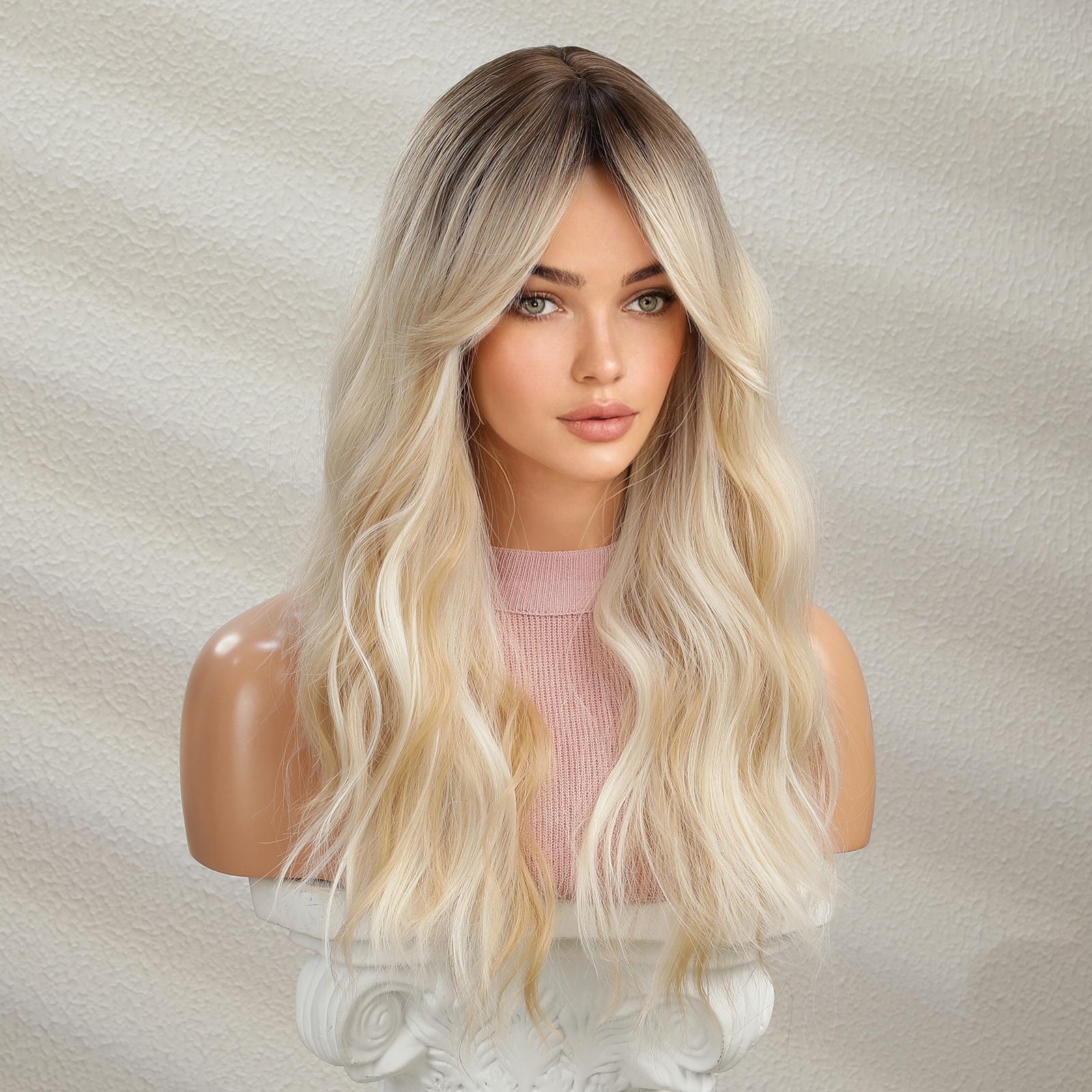 【Sydney】Champagne Blonde Long Curly Synthetic HairWigs, With Curtain Bangs and Dark Roots, for Daily, Party or Cosplay Use, Adjustable&Glueluess, USA Stocked