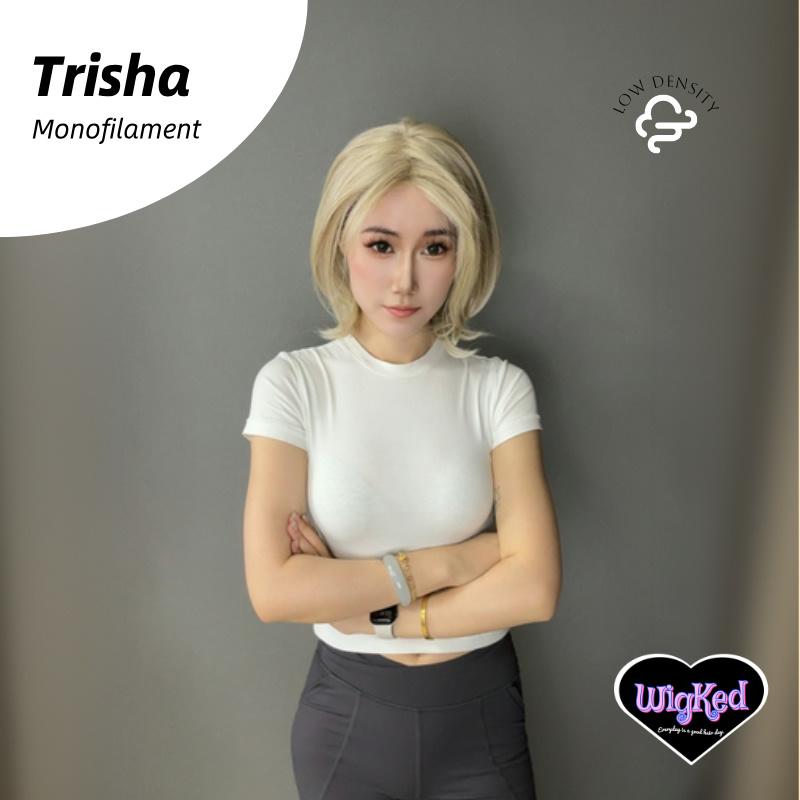 【Trisha】Mixed Gray Blonde Low Density MONO Monofilament Handmade Wig 6*5 Full Monofilament Hand Tied Top Wig 15 Inch Straight Layered Mono Lace Wig,  Low Density, Adjustable&Glueluess, USA Stocked