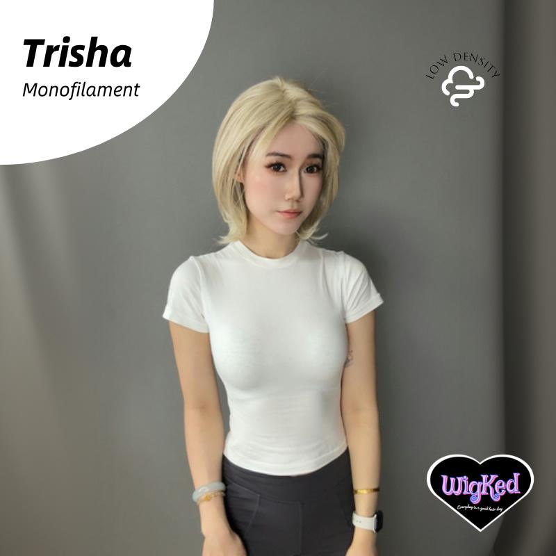 【Trisha】Mixed Gray Blonde Low Density MONO Monofilament Handmade Wig 6*5 Full Monofilament Hand Tied Top Wig 15 Inch Straight Layered Mono Lace Wig,  Low Density, Adjustable&Glueluess, USA Stocked