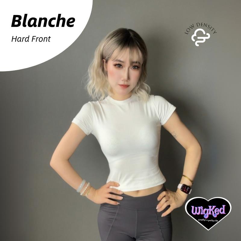 【Blanche】14 Inch Ash Blonde Balayage Curly Long Bob Synthetic HairWigs, With Bangs and Dark Roots, for Daily, Party or Cosplay Use, Adjustable&Glueluess, USA Stocked