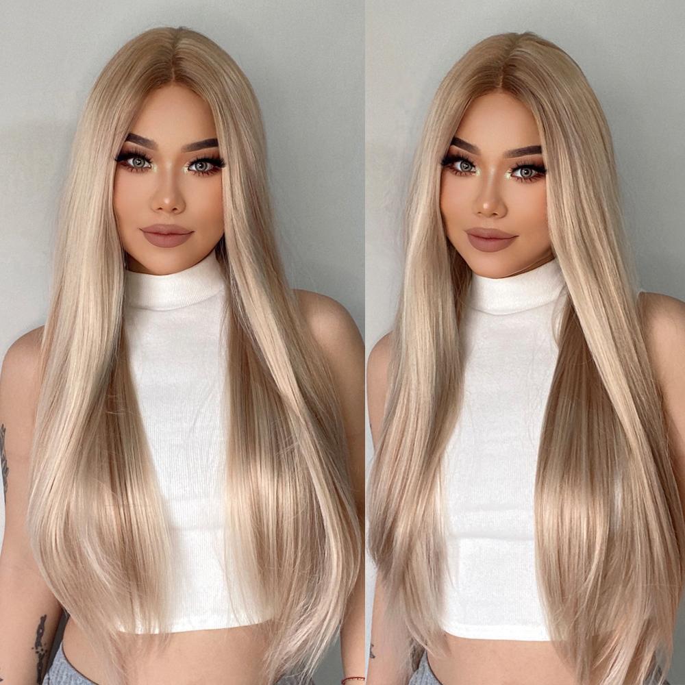 【Olivia】28 Inch Straight Lace Front Wig Apricot Blonde Free Part Pre Plucked 13*6 HD Transparent Lace Frontal Handmade Swiss Lace Synthetic Fiber Wig