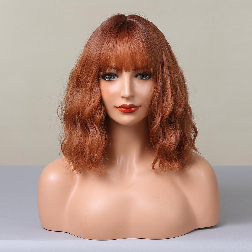 【Sasha】14 Inch Cowboy Copper Curly Long Bob Synthetic HairWigs, With Bangs, for Daily, Party or Cosplay Use, Adjustable&Glueluess, USA Stocked