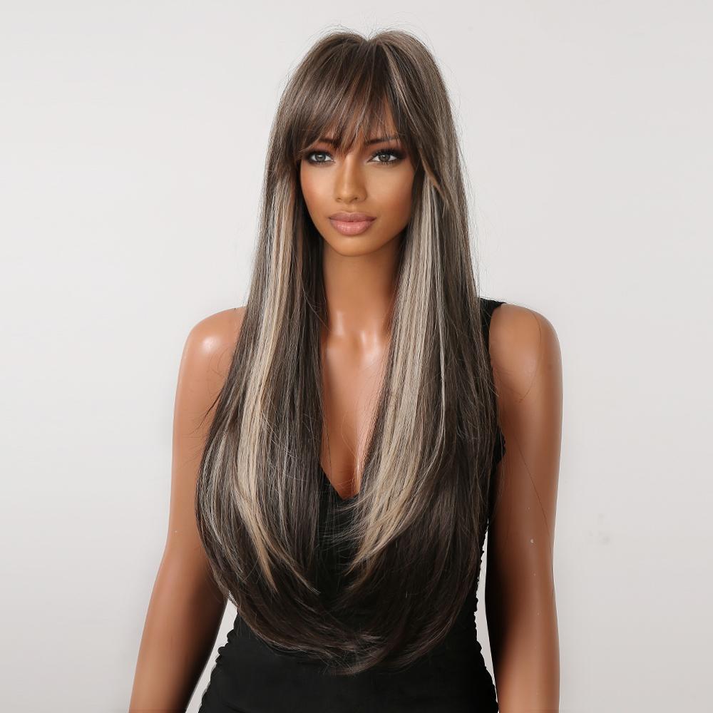 【Pepper】26 Inch Salt and Pepper Straight Style Long Synthetic HairWigs, With Curtain Bangs, for Daily, Party or Cosplay Use, Adjustable&Glueluess, USA Stocked
