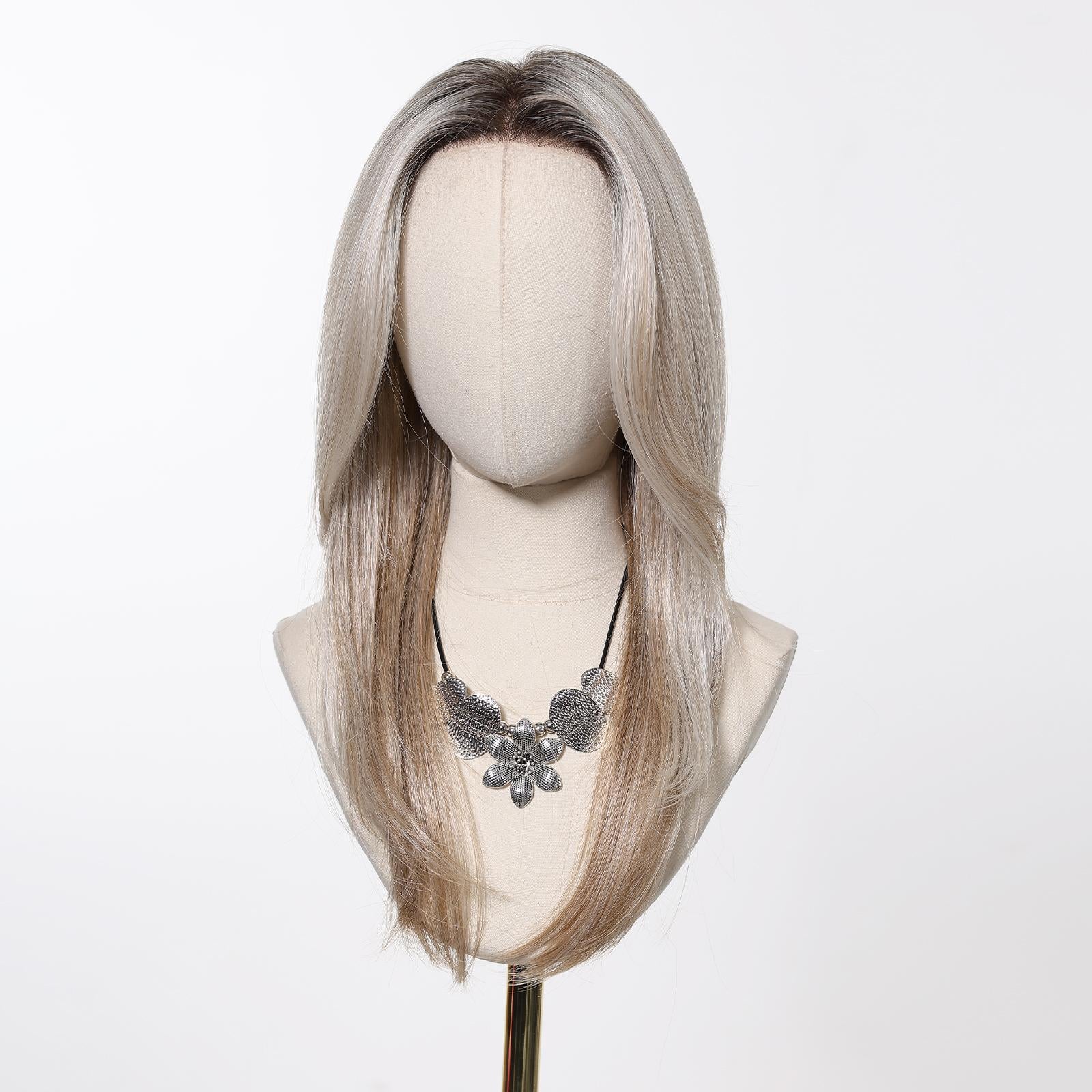【Stephie】18 Inch Low Density Silver Blonde MONO Monofilament Handmade Wig 6*5 Full Monofilament Hand Tied Top Wig, With Khaki Dark Root Straight Layered Mono Lace Wig