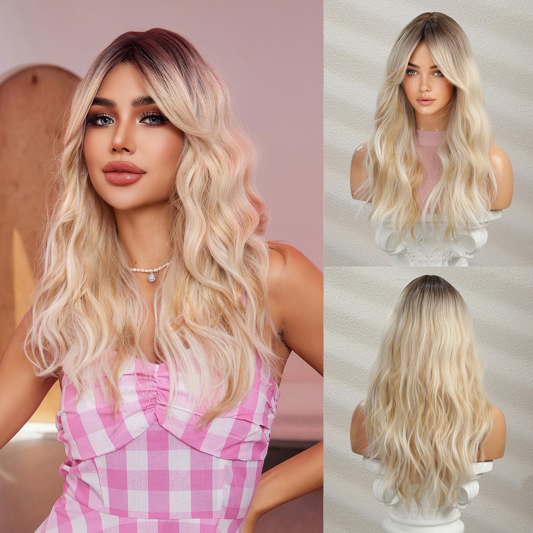 【Sydney】Champagne Blonde Long Curly Synthetic HairWigs, With Curtain Bangs and Dark Roots, for Daily, Party or Cosplay Use, Adjustable&Glueluess, USA Stocked