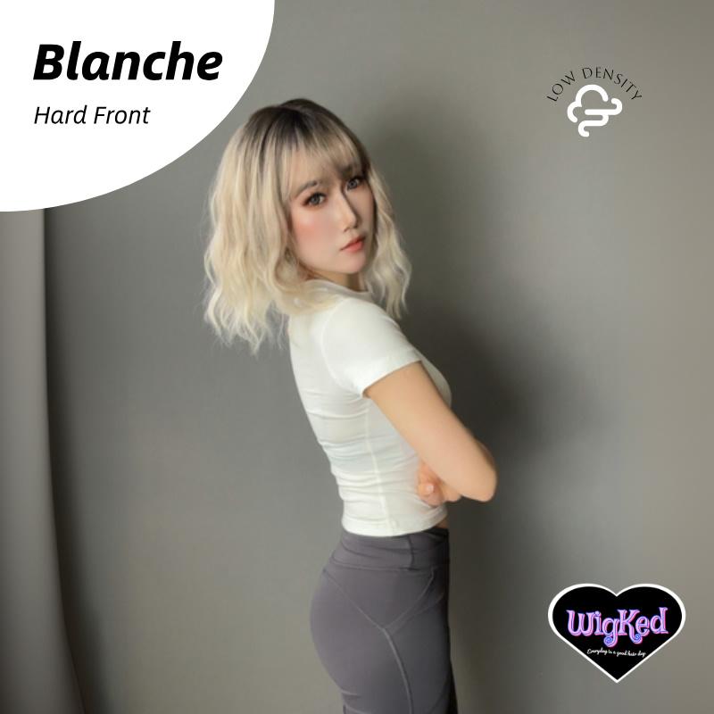 【Blanche】14 Inch Ash Blonde Balayage Curly Long Bob Synthetic HairWigs, With Bangs and Dark Roots, for Daily, Party or Cosplay Use, Adjustable&Glueluess, USA Stocked