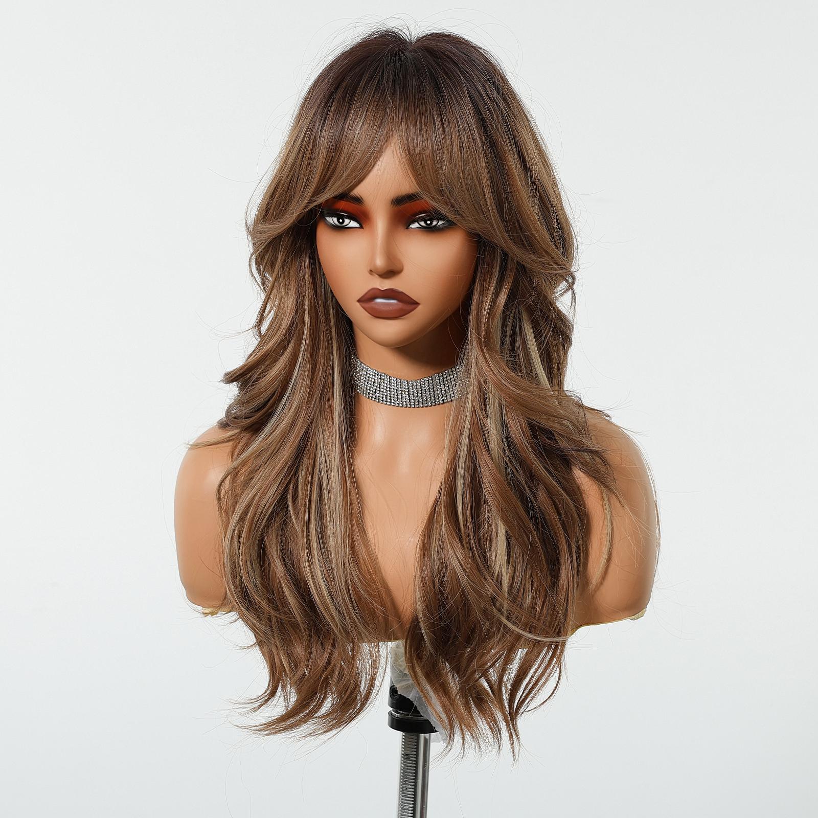 【Madden】18 Inch Low Density Hazel Brown with Icy Blonde Highlights Long Curly Synthetic HairWigs, With Curtain Bangs and Dark Roots, for Daily, Party or Cosplay Use, Adjustable&Glueluess, USA Stocked