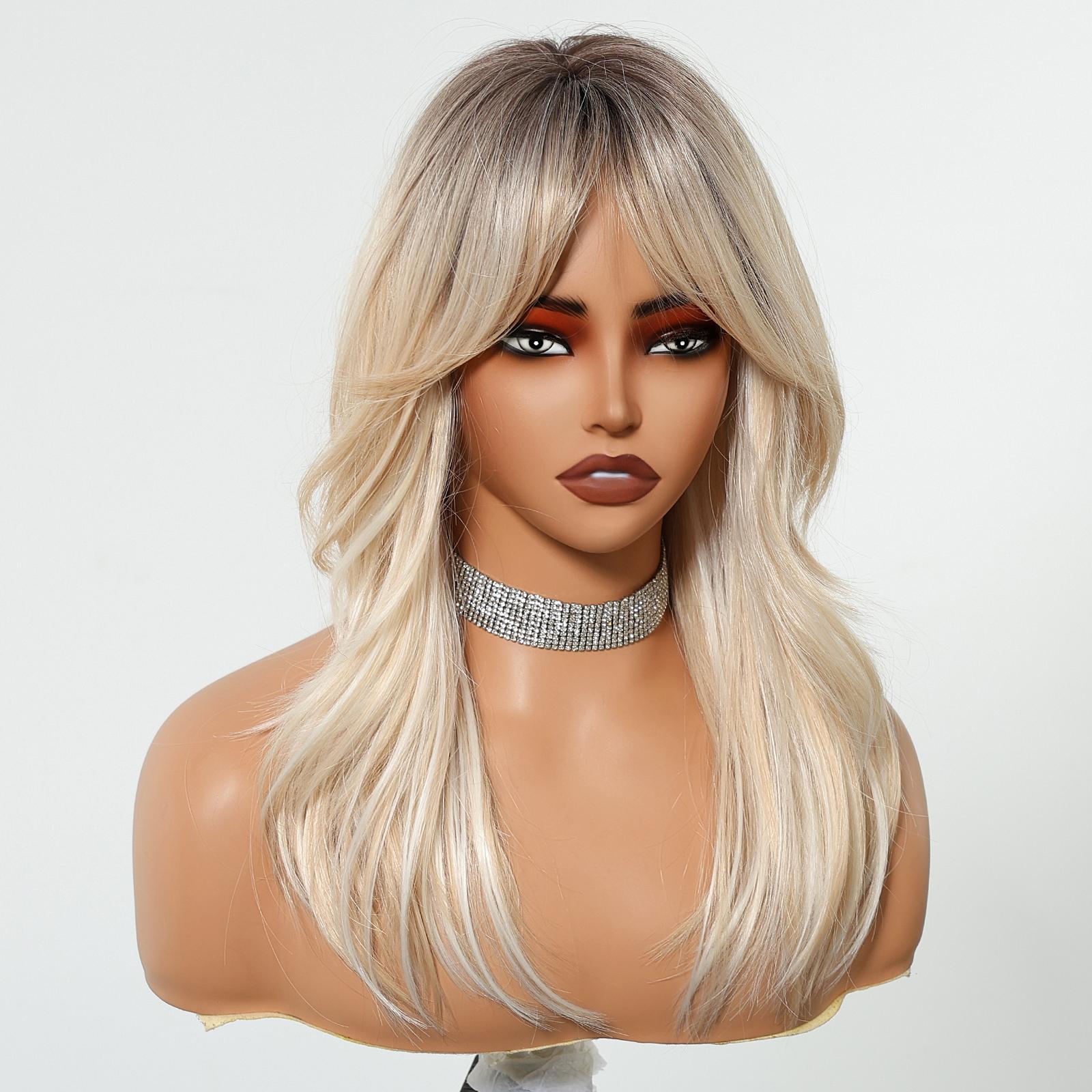 【Blake】16 Inch Low Density Mixed Icy Blonde Highlights Loose Curly Synthetic HairWigs, With Curtain Bangs and Dark Roots, for Daily, Party or Cosplay Use, Adjustable&Glueluess, USA Stocked