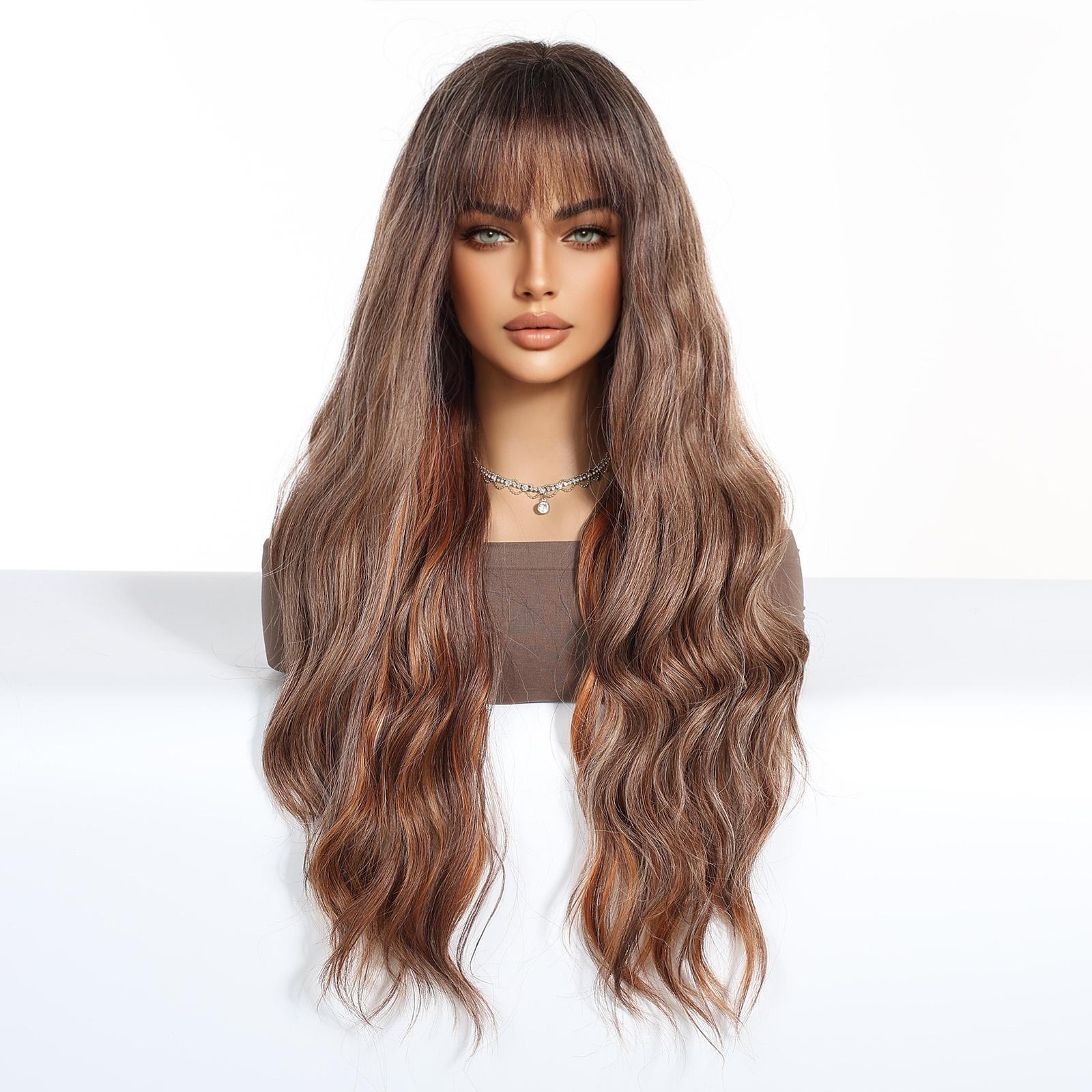 【Kiara】28 Inch Cinnamon Blonde with Chuncky Highlights Long Natrural Wavy Layered Synthetic HairWigs, With Straight Bangs, for Daily, Party or Cosplay Use, Adjustable&Glueluess, USA Stocked