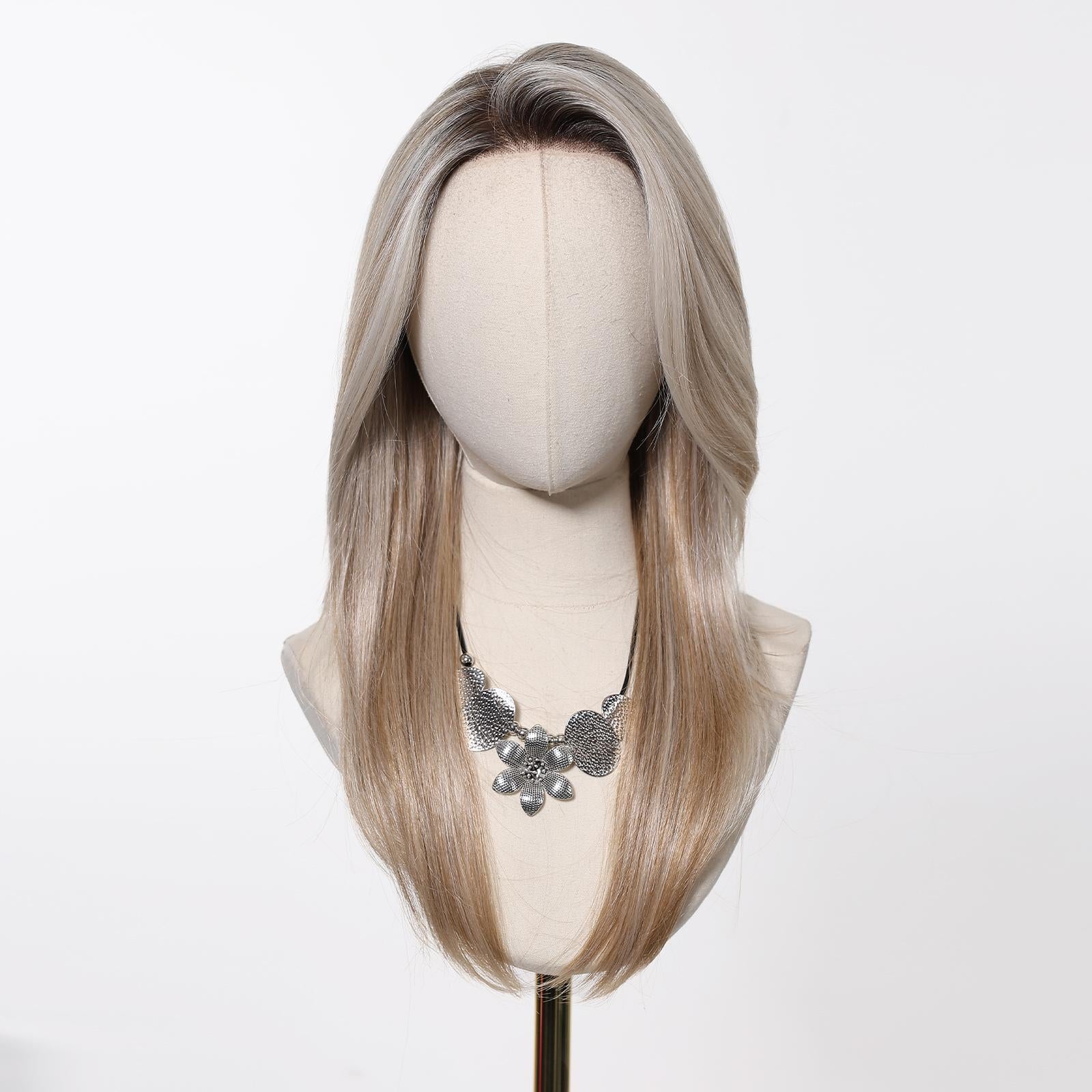 【Stephie】18 Inch Low Density Silver Blonde MONO Monofilament Handmade Wig 6*5 Full Monofilament Hand Tied Top Wig, With Khaki Dark Root Straight Layered Mono Lace Wig